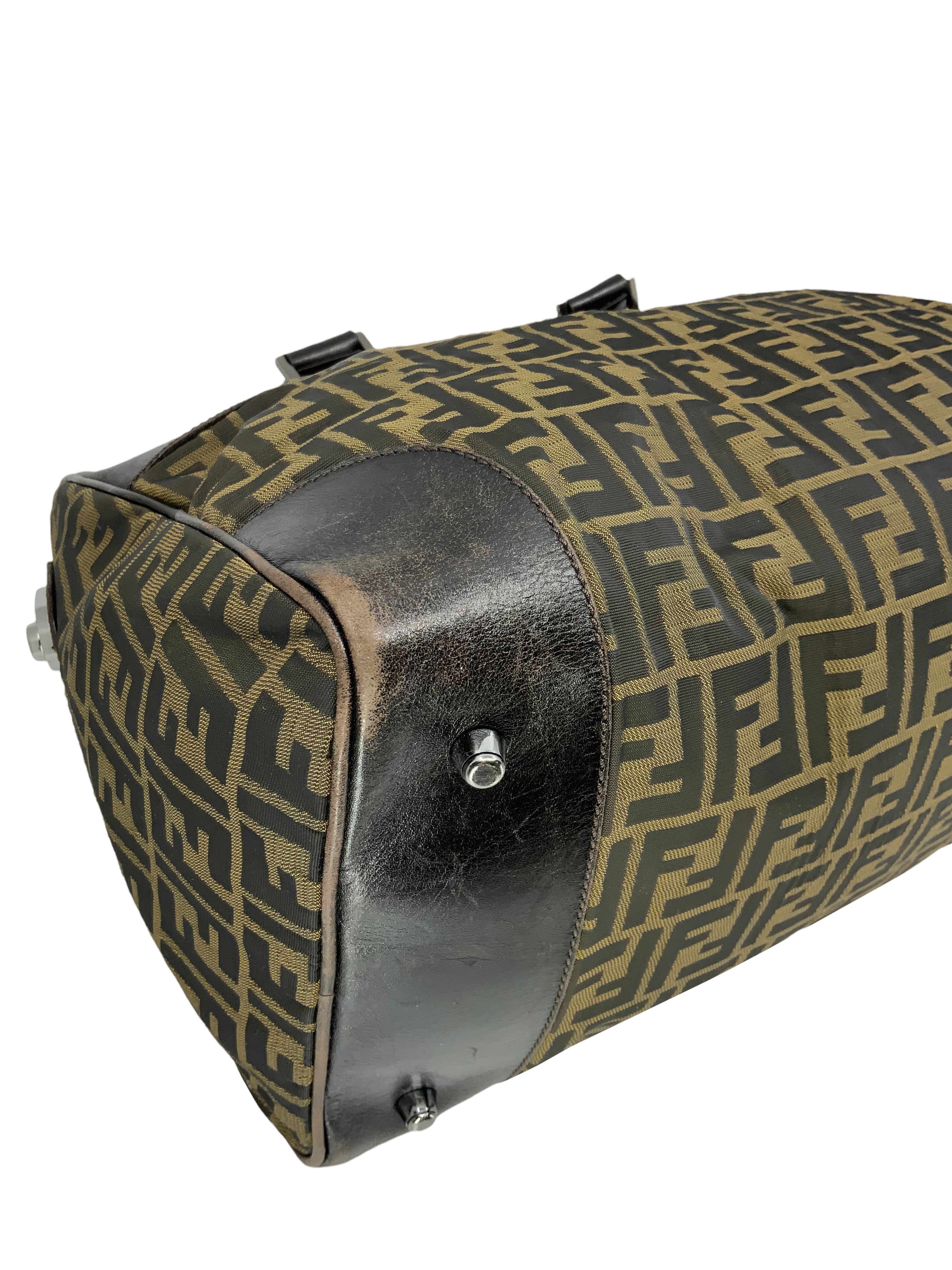 FENDI Zucca Canvas and Leather Small Duffel Bag - Stylish Travel Bag for Women, Perfect for Weekend Getaways & Gym Essentials