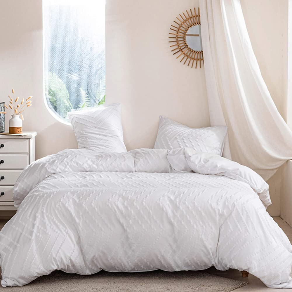 CLOTHKNOW White King Size Comforter Set - 3 Piece Jacquard Bedding Collection | Soft Boho Farmhouse & Shabby Chic Style Comforters for Women | Perfect for Master Bedroom, Guest Room & Cozy Home Decor