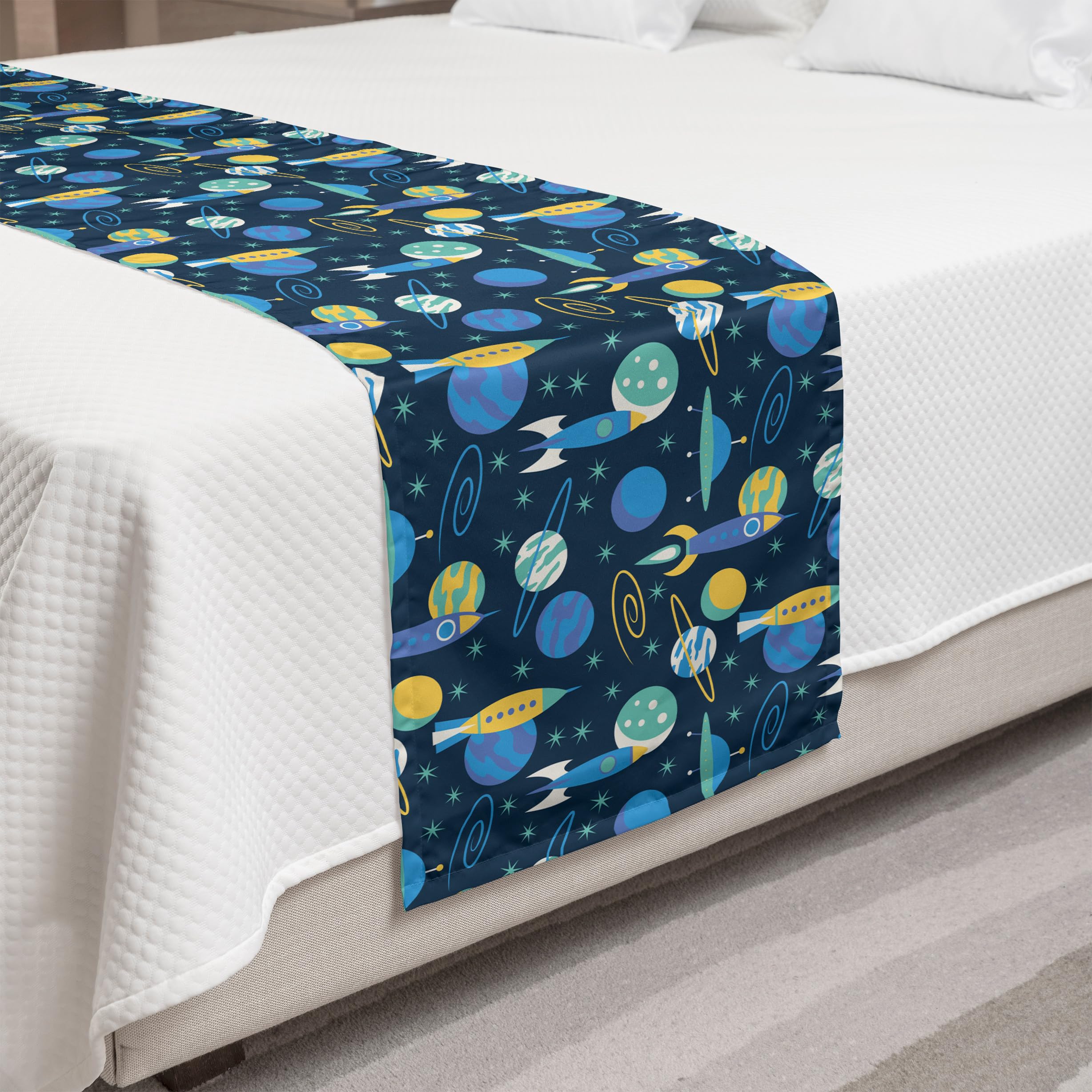 Ambesonne Rockets & Planets Bed Runner - Galaxy Stars Spaceship Design Decorative Bed Scarf for King Size Beds - Mustard & Deep Sky Blue - Perfect for Hotels, Homes & Guestrooms - Adds a Cosmic Touch to Bedroom Decor