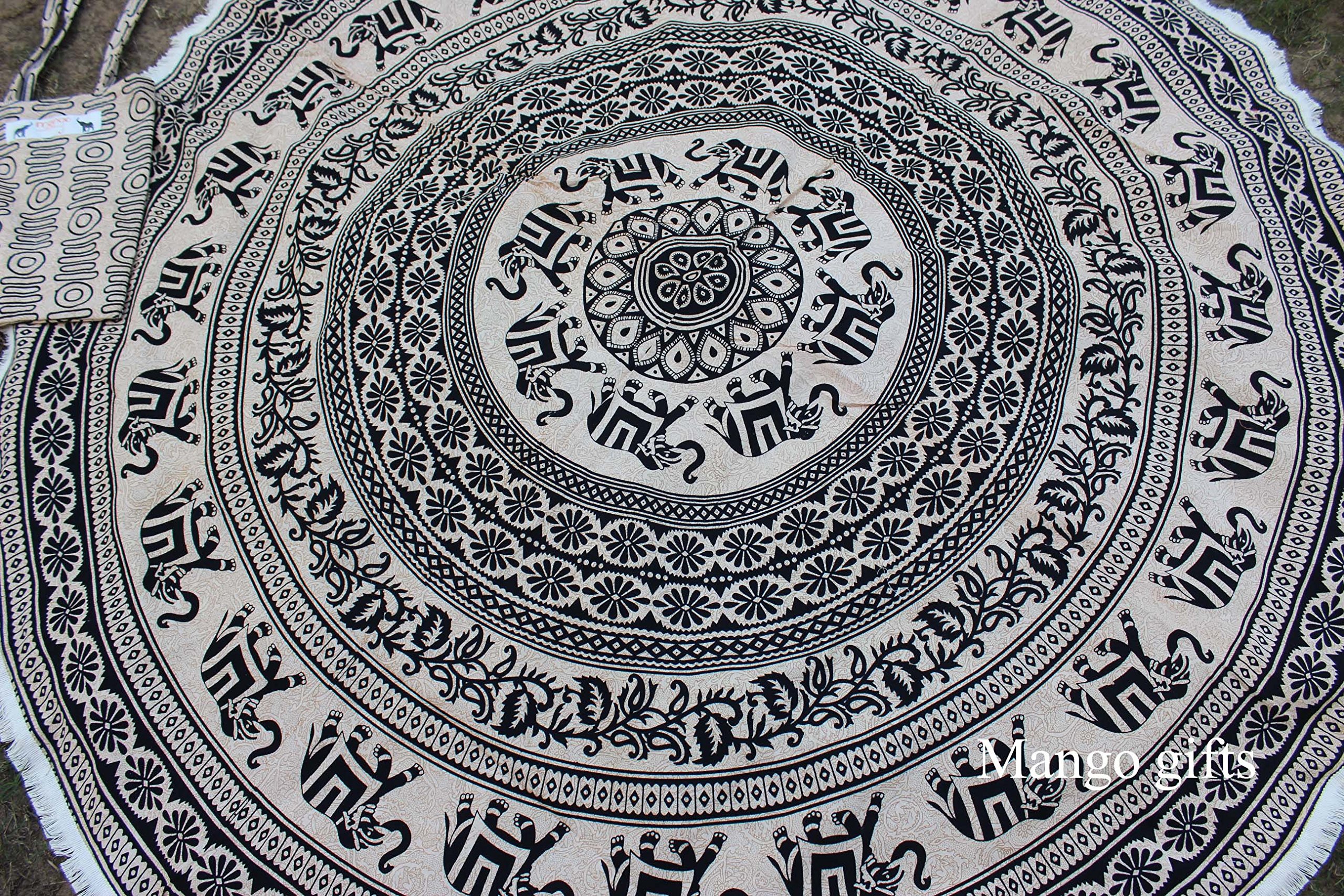 Elephant Mandala Round Beach Throw Blanket - Indian Tapestry with Carry Bag for Yoga, Meditation & Boho Decor | Hippie Home Accessories | Perfect for Beach Picnics, Yoga Sessions & Bohemian Room Decor