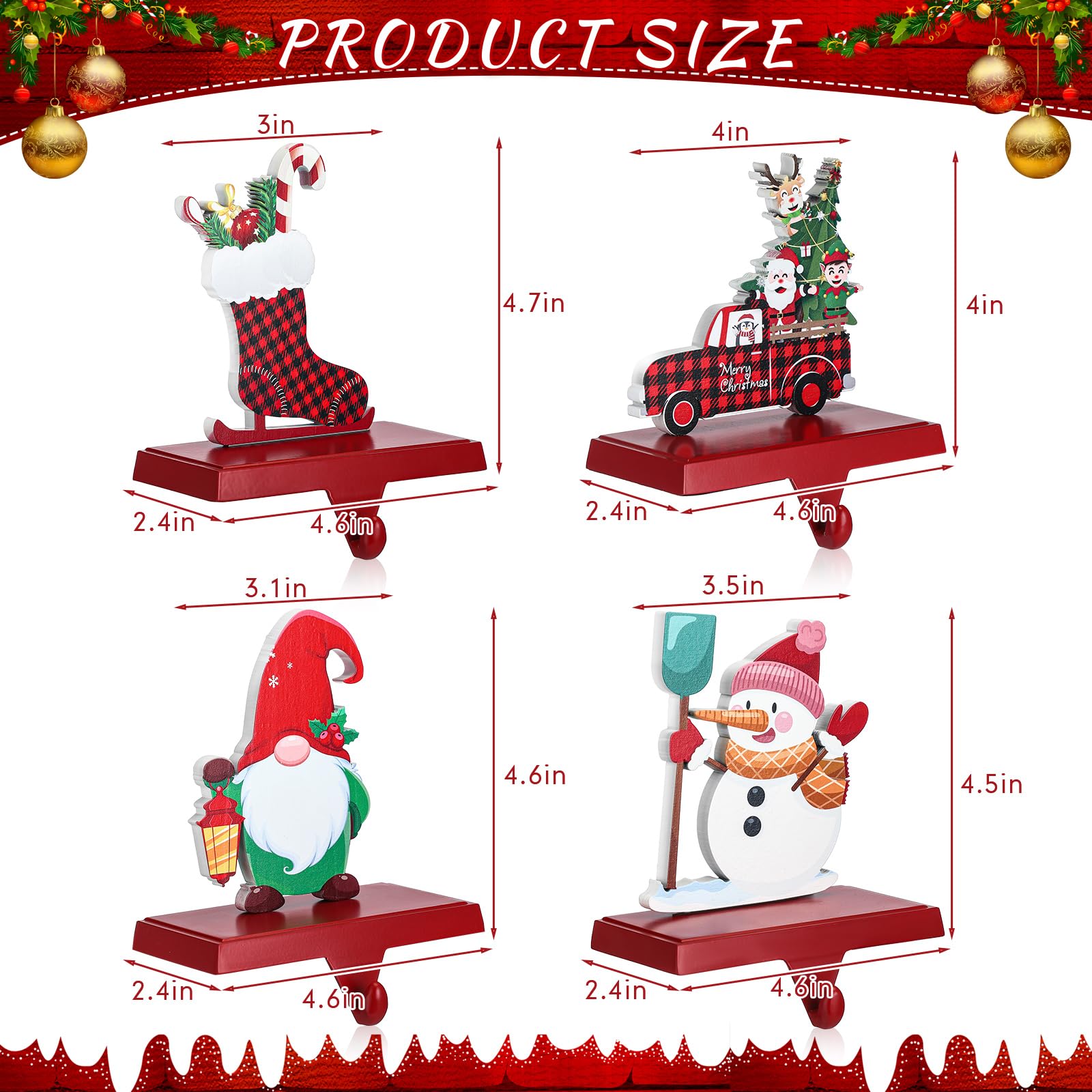 Barydat Set of 4 Metal Christmas Stocking Holders - Snowman, Truck, Ice Skate & Gnome Wood Sign Fireplace Mantel Hangers - Holiday Decor for Christmas Party, Home & Gift Giving - Perfect for Fireplace Mantel, Living Room & Festive Gatherings