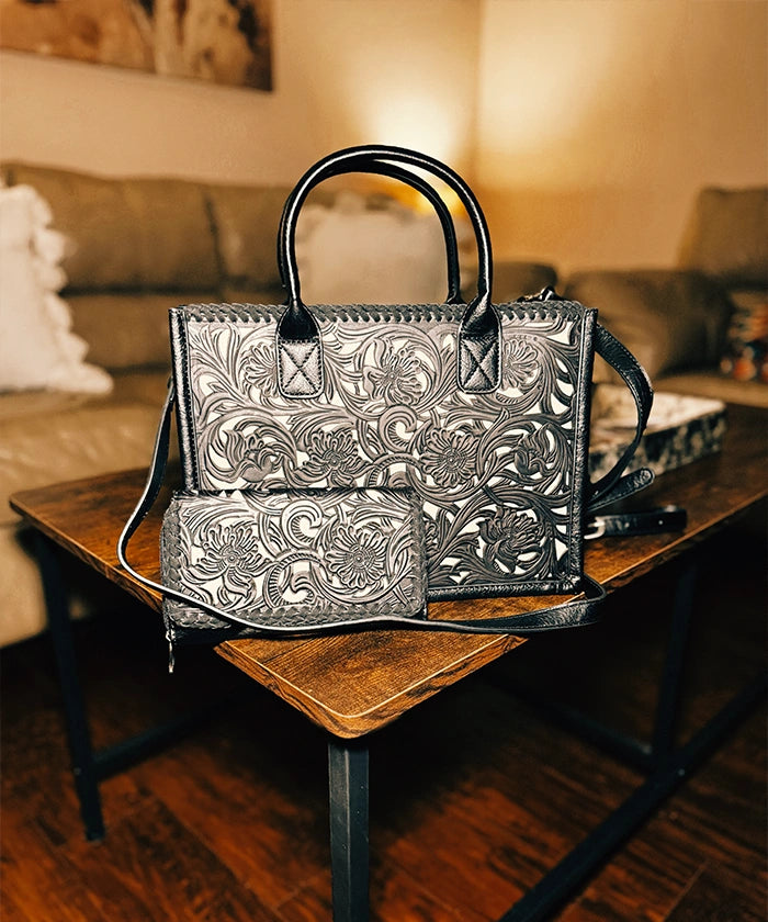 Trinity Ranch Floral Tooled Leather Tote Bag for Women - Western Style Handbag for Work, Travel & Shopping