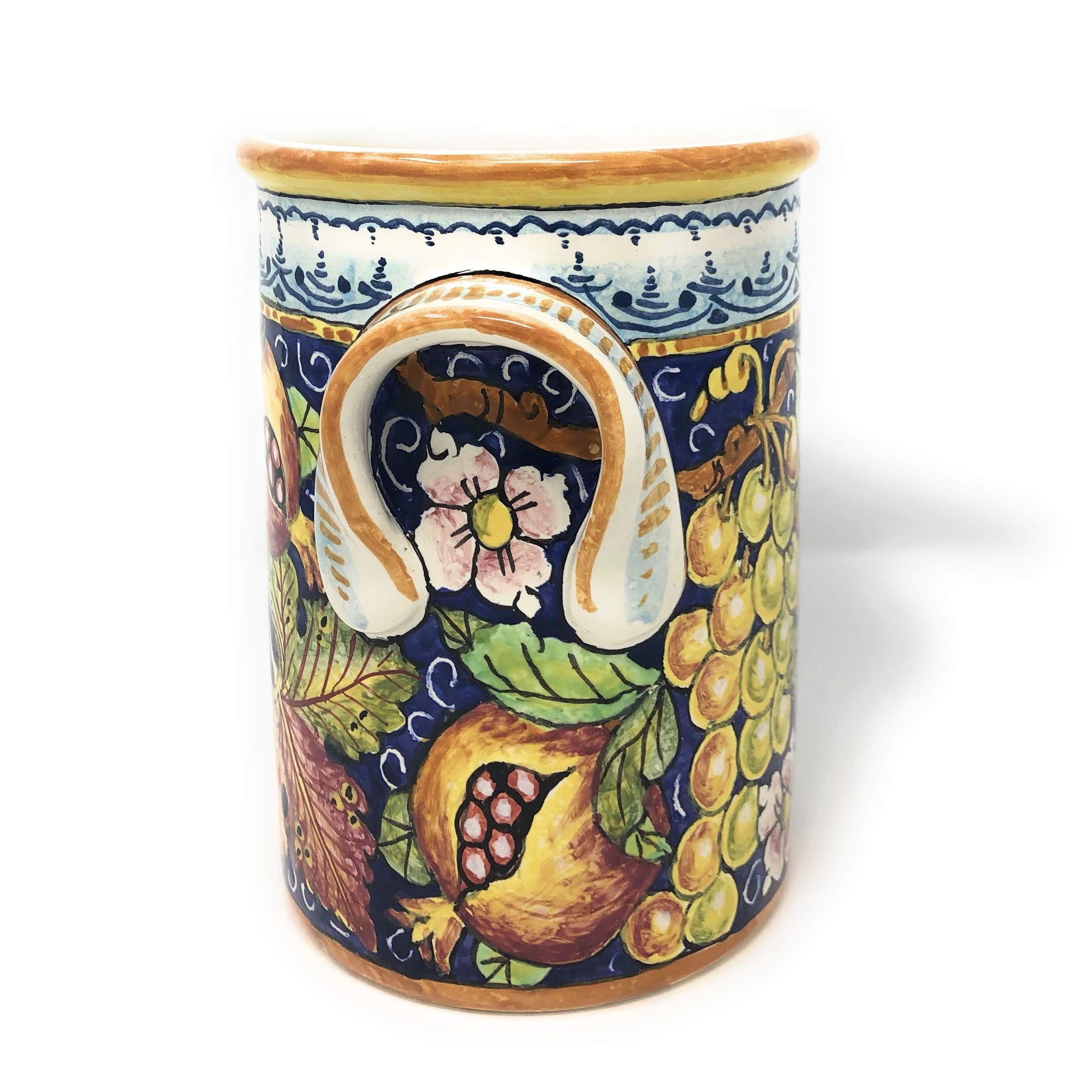 Hand-Painted Italian Pottery Utensil Holder & Wine Bottle - CERAMICHE D'ARTE PARRINI Tuscan Florence Decor with Red Grapes - Perfect for Kitchen Decor & Wine Storage