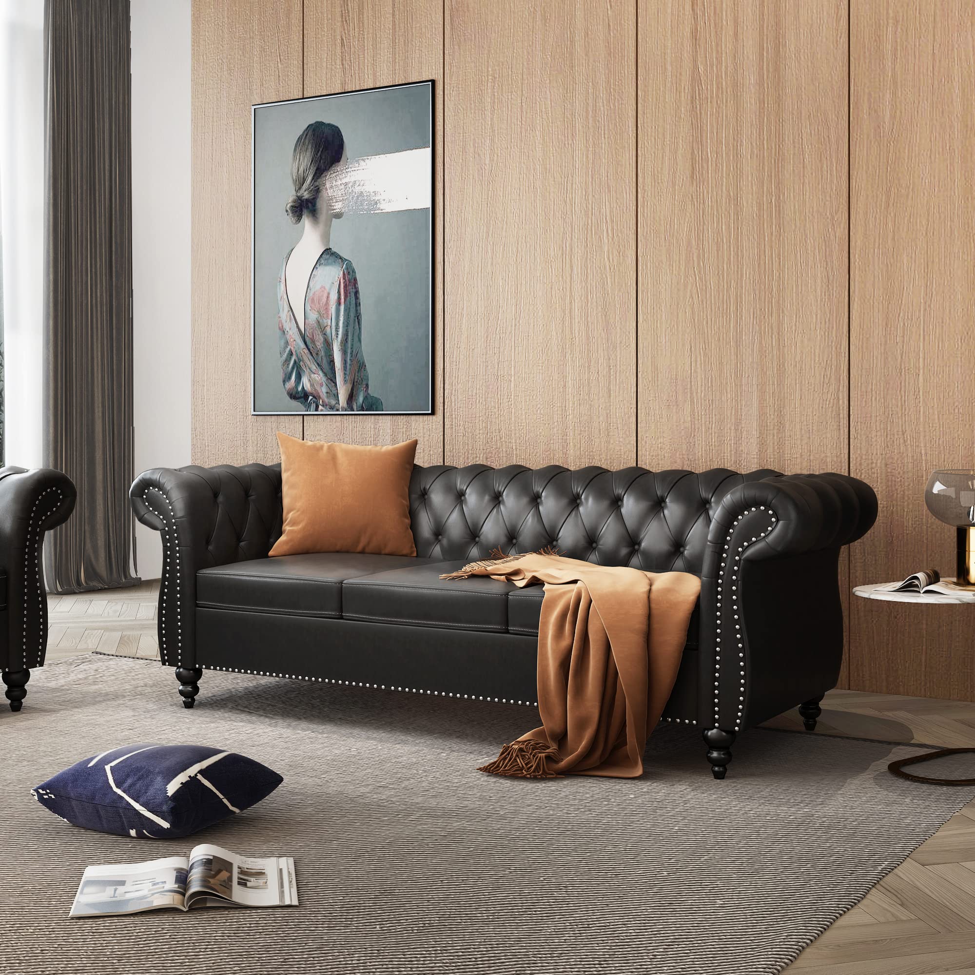 ONCIN Chesterfield Sofa - 3 Seater Faux Leather Tufted Couch with Rolled Arms & Nailhead Trim for Living Room, Bedroom, Office | Classic Black Leather Sofa for Home Decor & Comfortable Seating