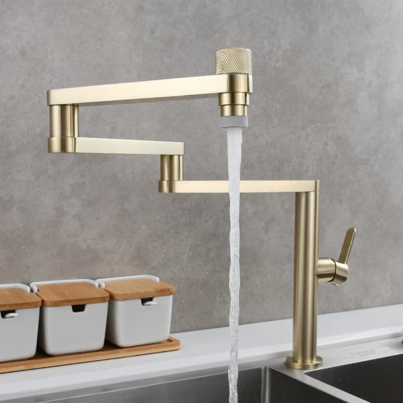 Brass Folding Kitchen Faucet - Hot & Cold Water Mixer for Sink - Brushed Gold