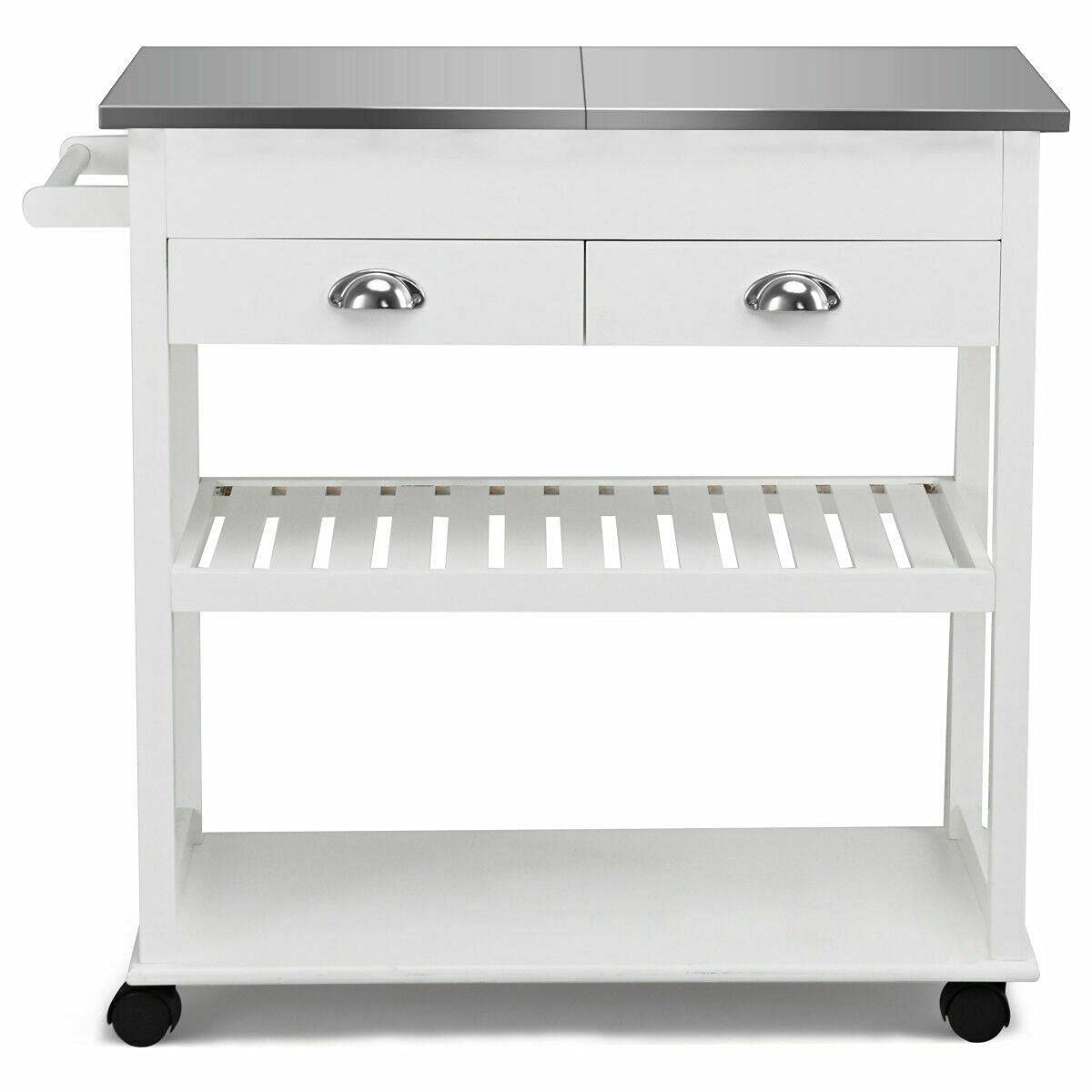 CompreDH Multifunctional Rolling Kitchen Island with Stainless Steel Top & Drawer - White Kitchen Cart on Wheels for Small Spaces | Perfect for Food Prep, Storage & Extra Counter Space in Compact Kitchens