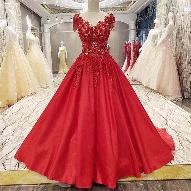 Burgundy Satin Ball Gown with Lace Embroidery - Elegant Formal Dress for Wedding, Prom, Evening Party & Special Occasions