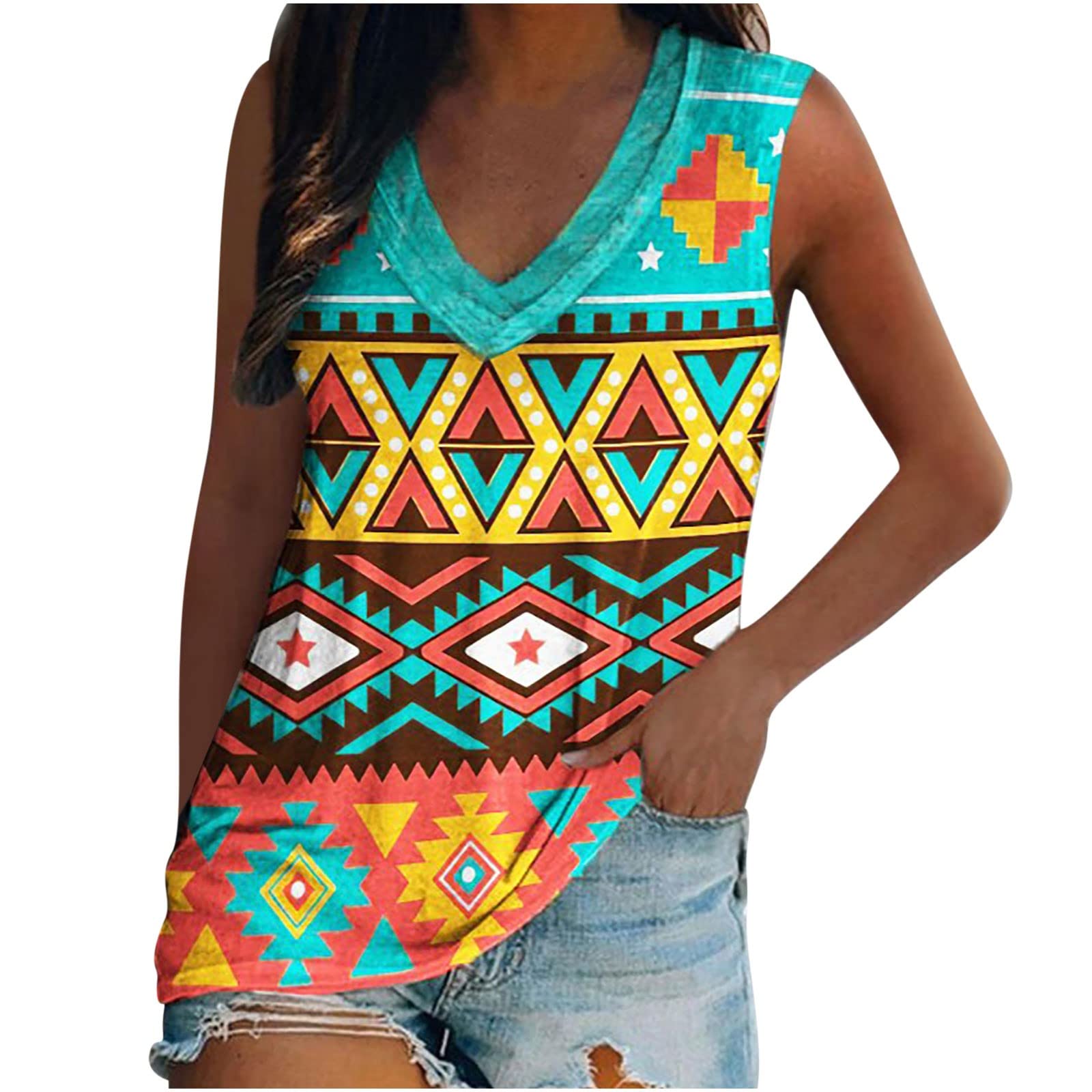 NIUQI Women's Sleeveless Aztec Graphic Tank Top - Summer Casual Western Style for Outings