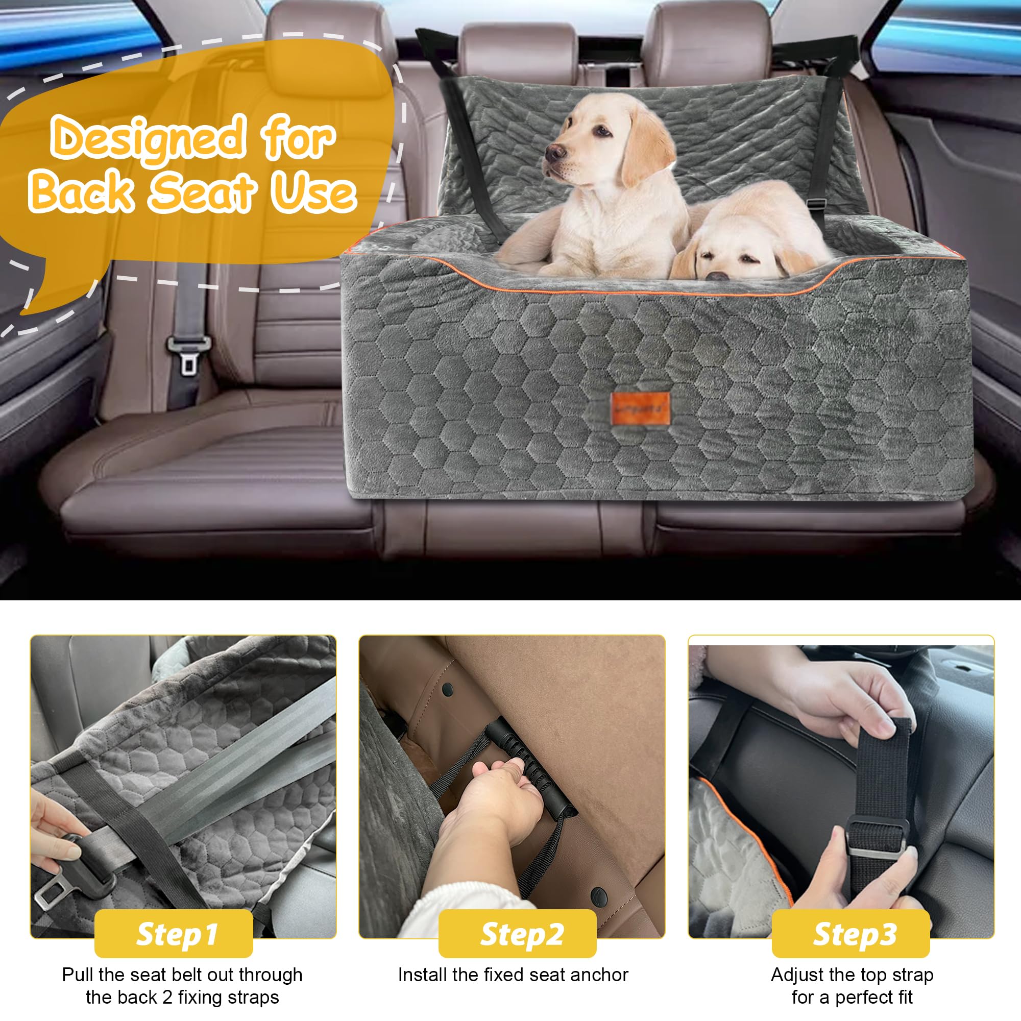 **Washable Dog Car Booster Seat for Medium & Large Dogs Up to 60 lbs – Multi-Functional Pet Travel Cushion with 2 Safety Leashes (Gray) – Perfect for Road Trips, Vet Visits & Daily Car Rides**