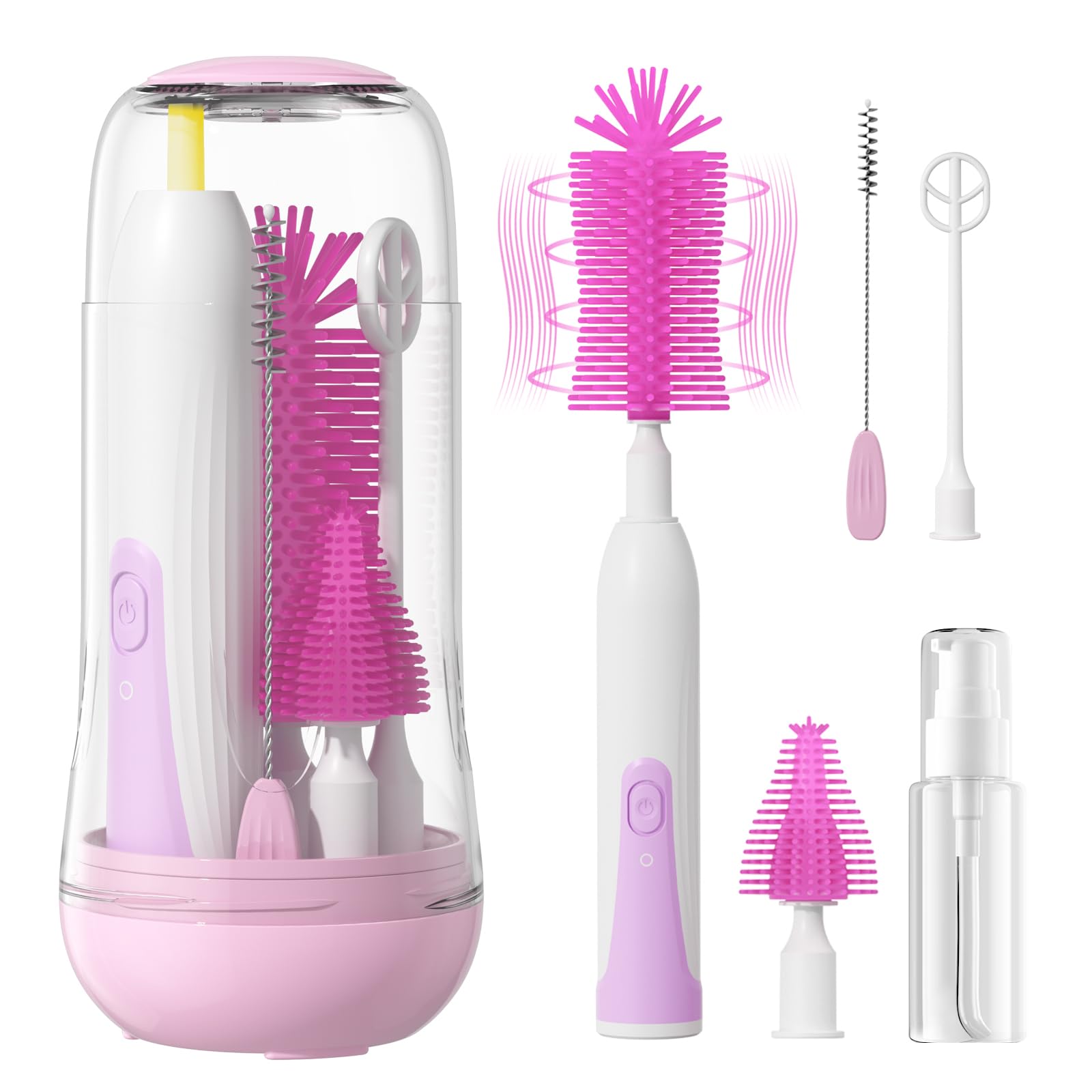 Electric Bottle Brush Cleaner - Rechargeable Baby Bottle & Nipple Cleaner with Straw Brush, Travel-Friendly & Includes Drying Rack | Perfect for New Moms, Nursery, Daycare & On-the-Go Cleaning (Pink)