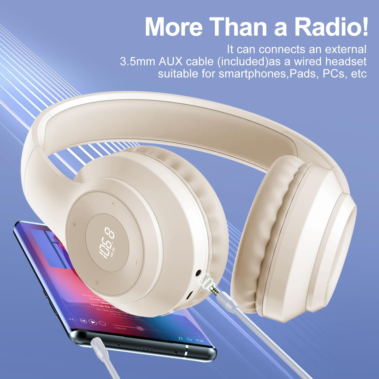 X5 Rechargeable FM Radio Headphones - Portable Wireless Headset with LED Display, Soft Ear Cushions & Strong Reception - Ideal for Meetings, Work, Hiking, Jogging & Outdoor Activities (Beige)