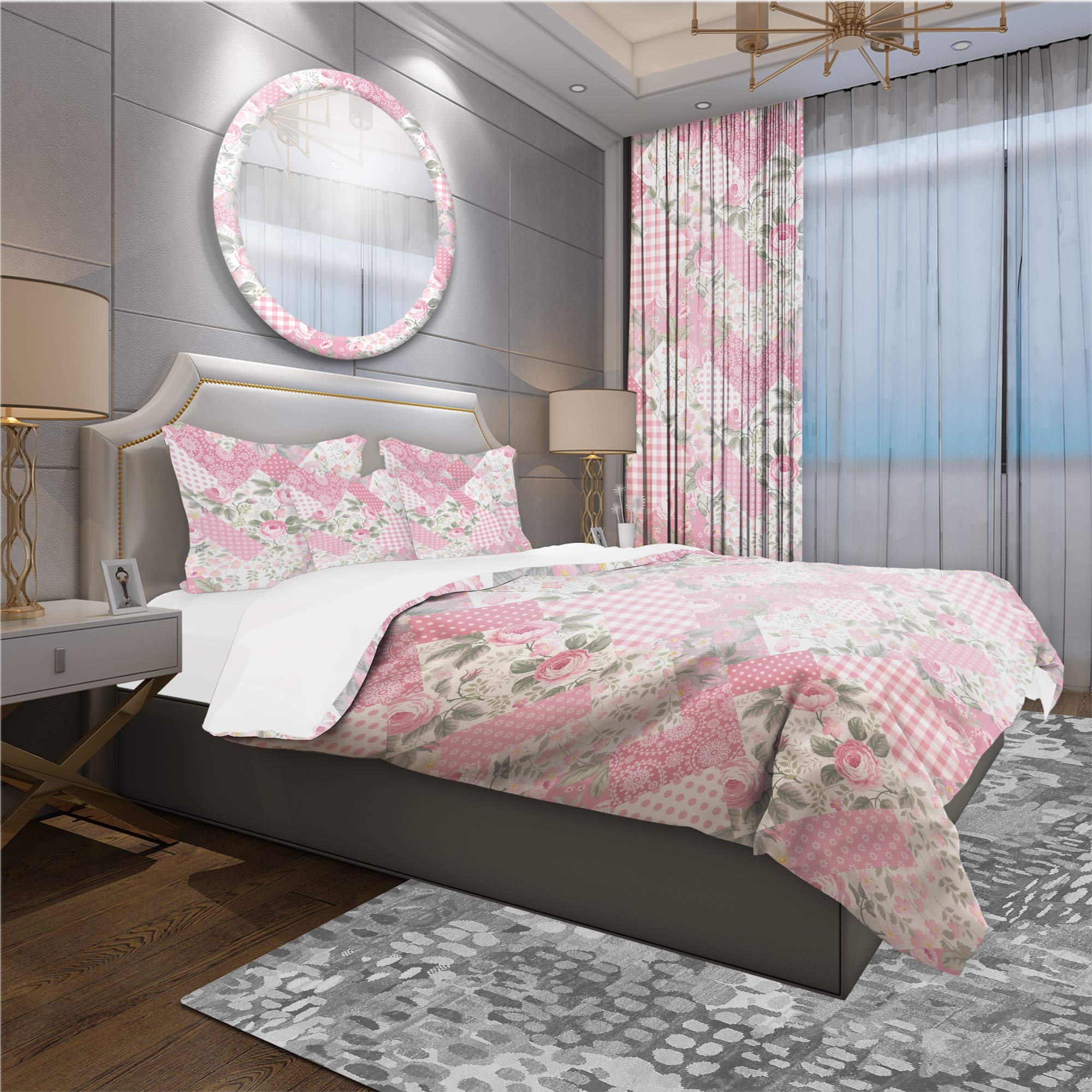 Patchwork Floral Cabin & Lodge Duvet Cover Set - Pink King Size 3-Piece Bedding Set for All Seasons | Cozy Cabin Retreat & Rustic Lodge Decor