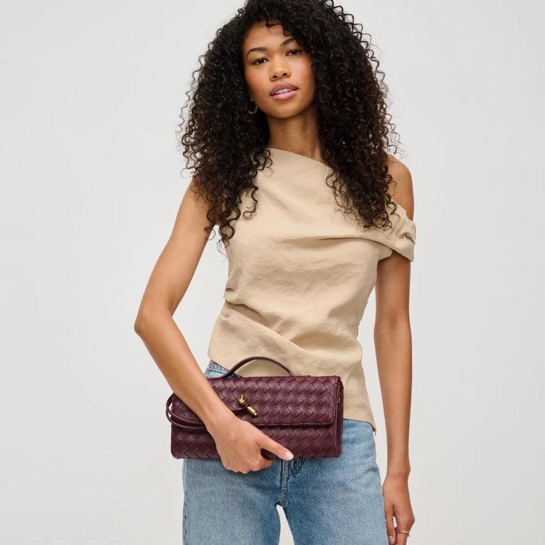Ada Top Handle Woven East West Clutch Crossbody Bag for Women - Wine Red Evening Purse for Parties, Dinner Dates & Special Occasions