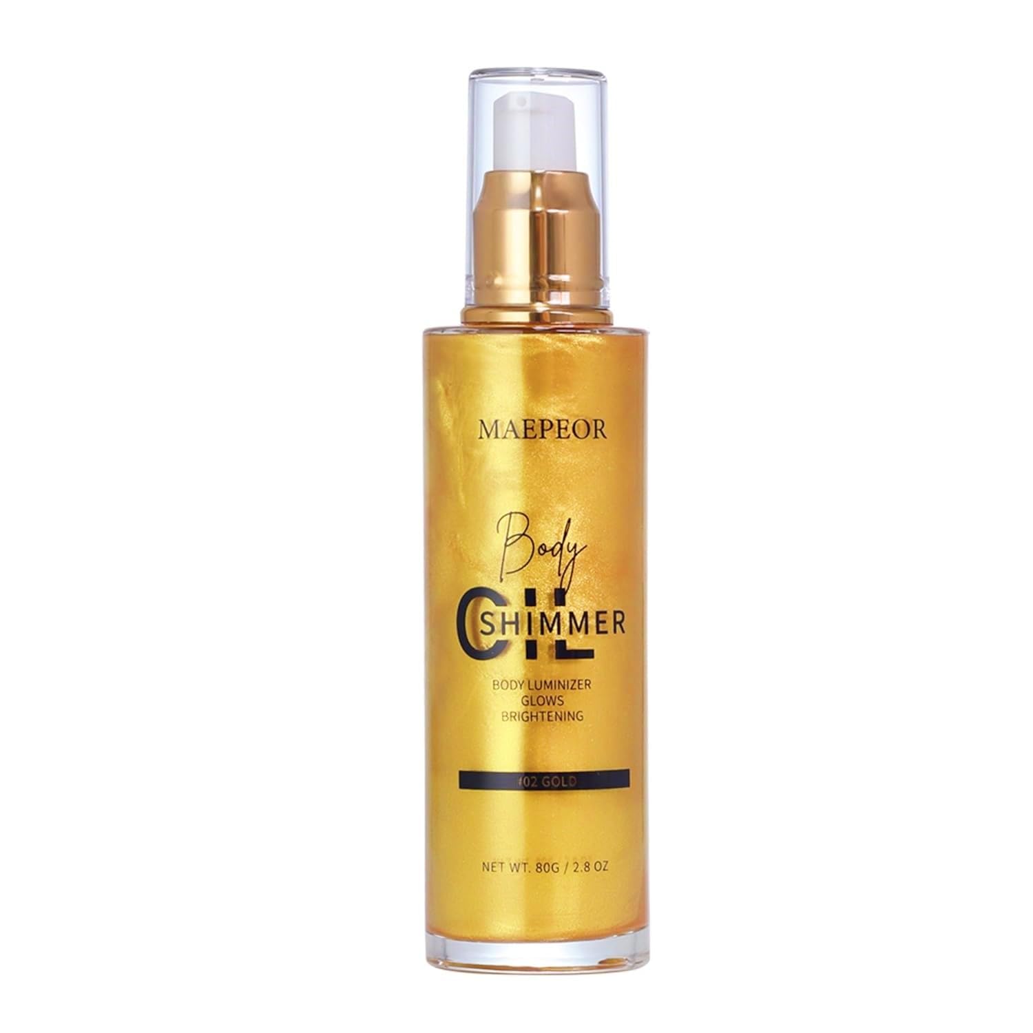 MAEPEOR Shimmer Body Luminizer - 5 Color Moisturizing Glow Illuminator for Face & Body, Smooth Non-Sticky Highlighter (80ML, 02 Gold) | Perfect for Summer Makeup, Beach Parties, and Night Out Glow