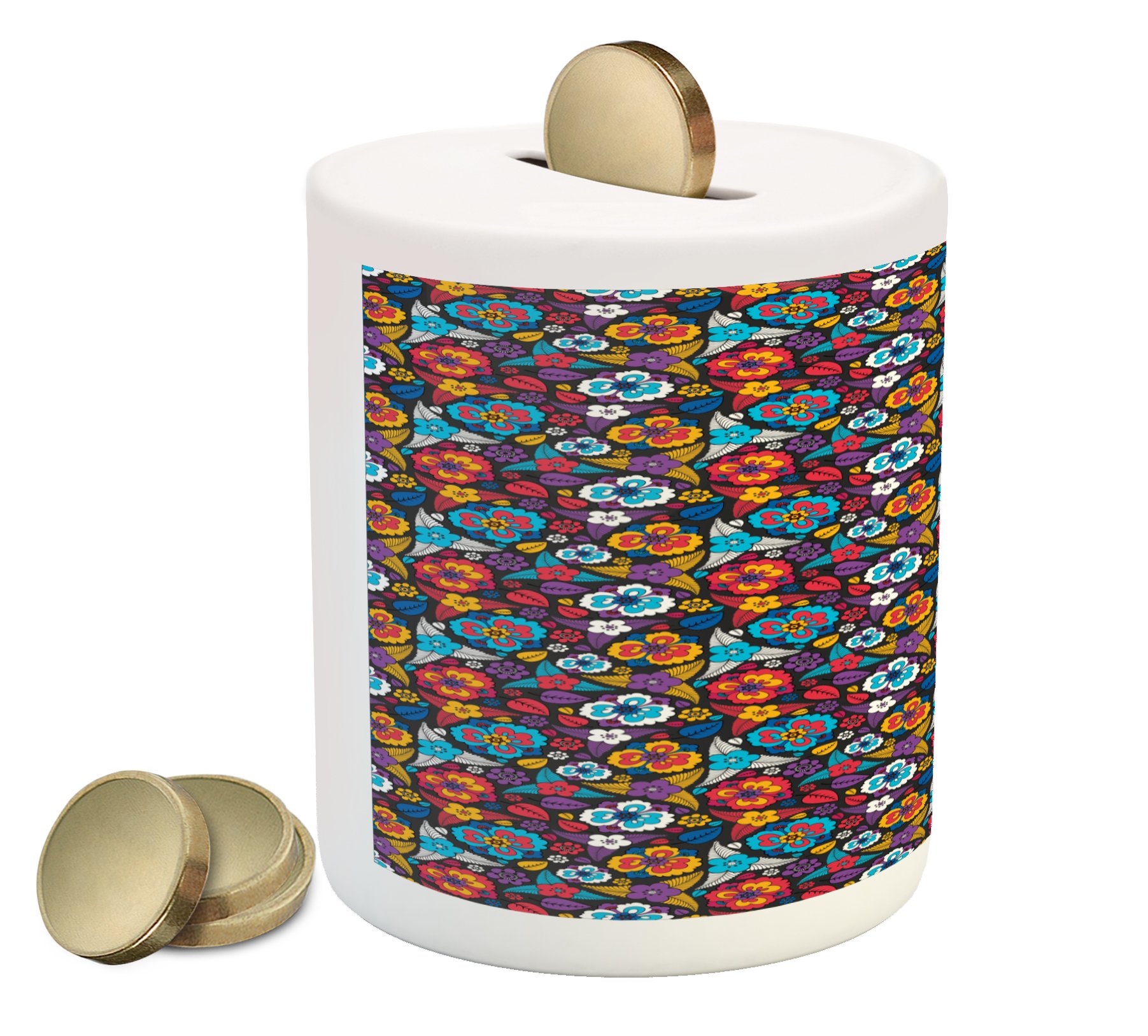 Ambesonne Colorful Ceramic Piggy Bank with Aloha Style Scroll Pattern - Lively Blossoms & Leaves Design for Coin & Cash Saving | Perfect Gift for Kids, Teens & Collectors | Home Decor & Money Saving Tool