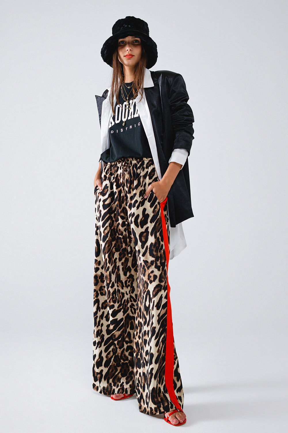Leopard Print Straight Leg Pants with Red Side Stripes - Stylish Women's Casual Trousers for Work, Party & Everyday Wear