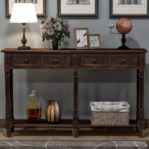 Farmhouse Style Console Table with 2 Large Storage Drawers & Bottom Shelf - Sofa Table for Living Room Entryway Hallway - Easy Assembly Espresso Finish - Perfect for Home Decor & Small Space Organization