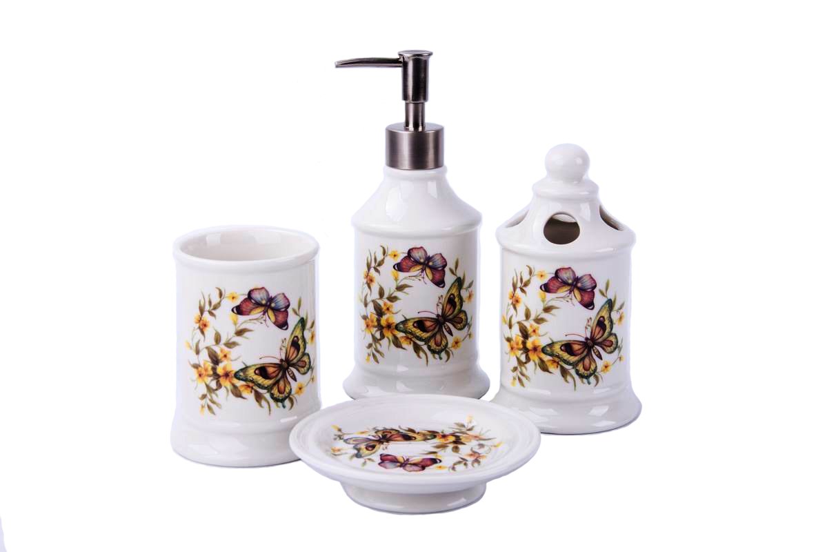 Vintage Rustic Butterfly Ceramic Bathroom Accessory Set - Soap Dispenser, Toothbrush Holder, Toilet Brush & Tumbler (4-Piece) - Perfect for Farmhouse, Cottage & Vintage Style Bathroom Decor