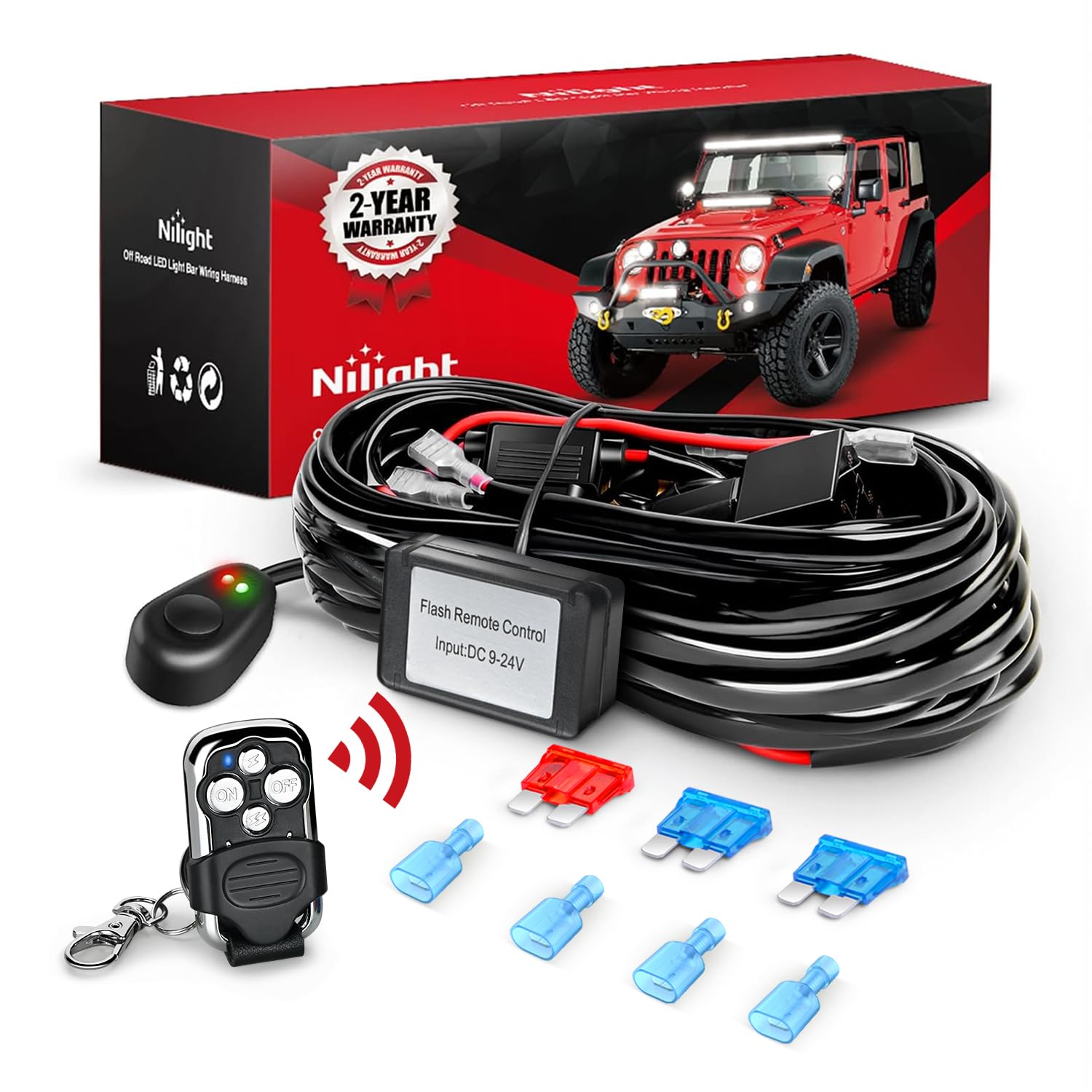 16AWG Wire Harness Kit with Remote Controller Switch - 2 Leads, 3 Fuses & 4 Spade Connectors for Car Audio, LED Lights & 12V Electrical Systems