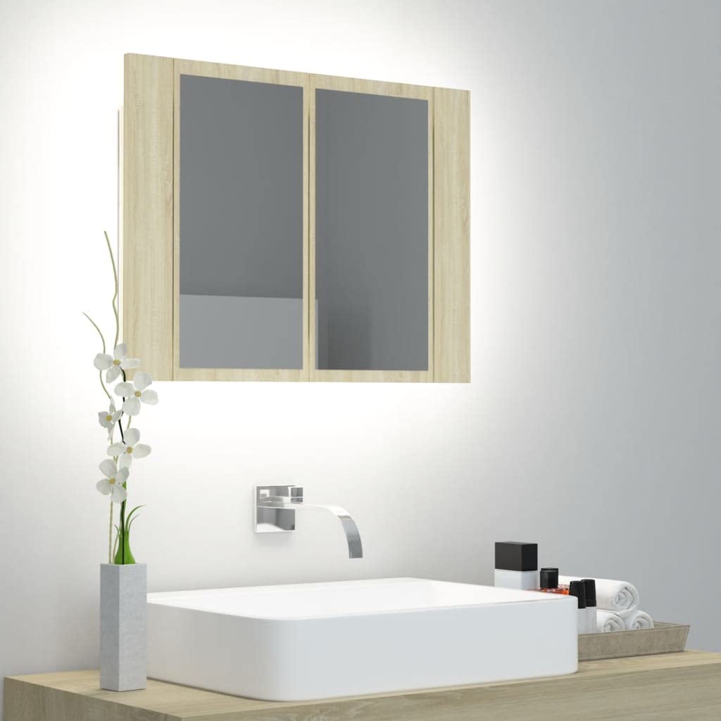 Modern LED Bathroom Mirror Cabinet with Storage - Sonoma Oak Vanity Mirror 23.6