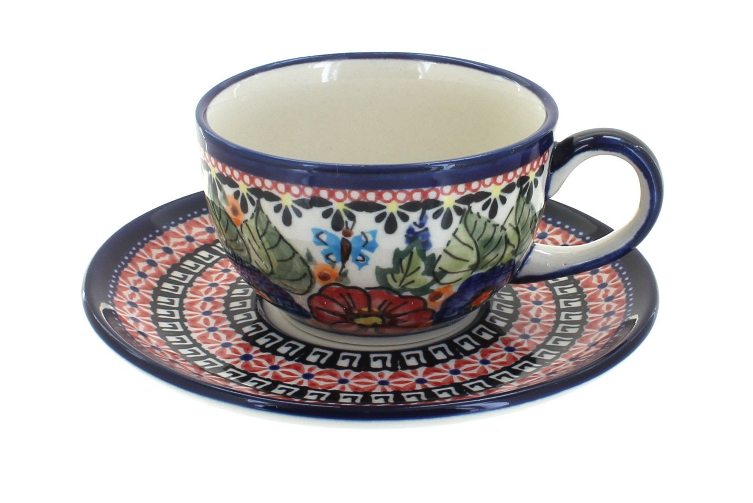 Handmade Blue Rose Polish Pottery Floral Butterfly Tea Cup & Saucer Set - Vintage Ceramic Coffee Cup for Afternoon Tea, Gift for Her, Home Decor