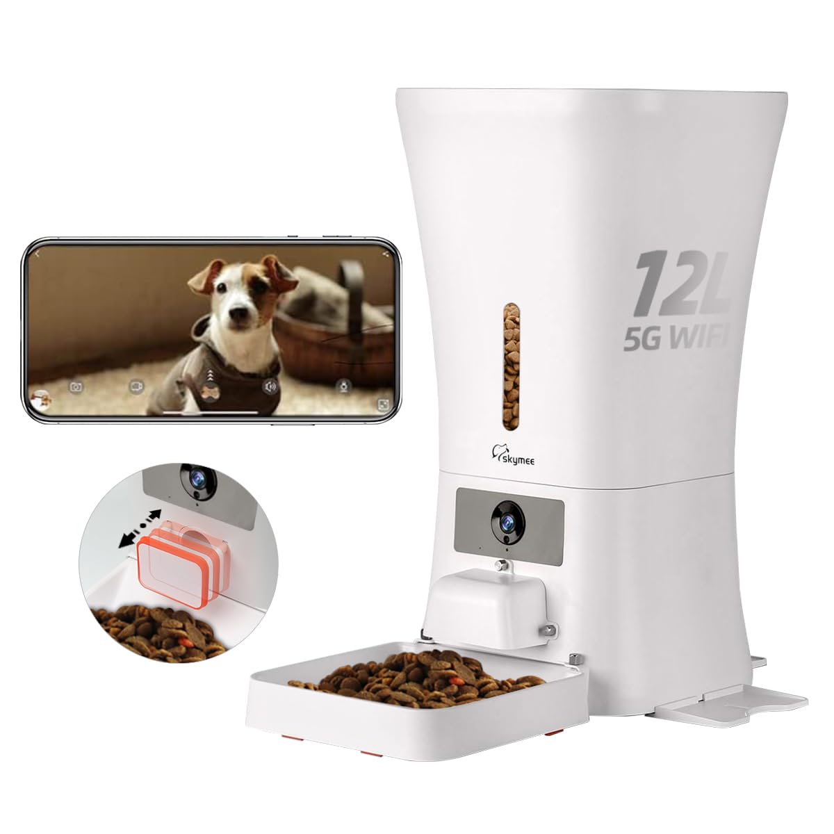 SKYMEE 12L Smart Automatic Dog Feeder with Camera - Large Capacity Pet Food Dispenser for Dogs & Cats, 5G WiFi, 1080P HD Pet Camera with Night Vision & 2-Way Audio - Perfect for Home Monitoring & Scheduled Feeding While Traveling
