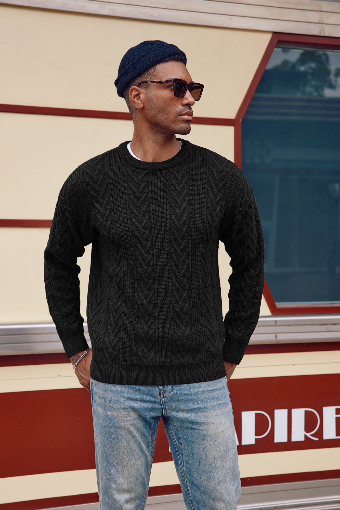 Men's Casual Cable Knit Crewneck Sweater - Drop Shoulder Solid Pullover for Fall & Winter | Cozy Office Wear & Weekend Outfits
