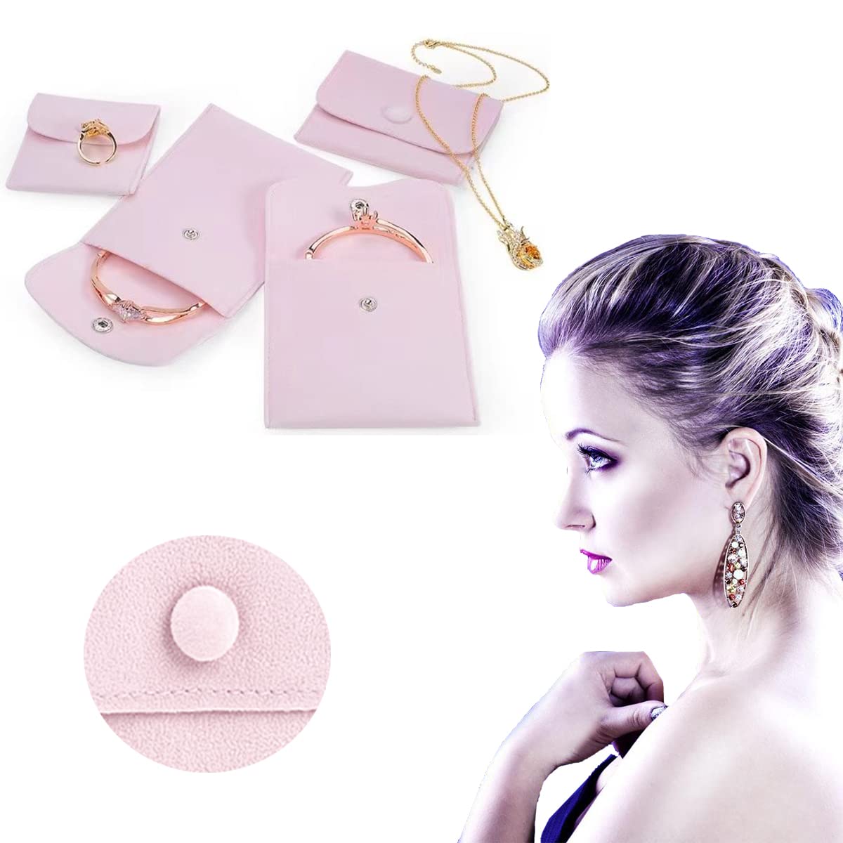 LOPURO 6-Piece Velvet Jewelry Storage Pouch Set with Snap Button - Soft Flannel Suede Pouch for Necklaces, Bracelets, Rings, Earrings & Watches - Perfect Gift & Travel Organizer (Pink)