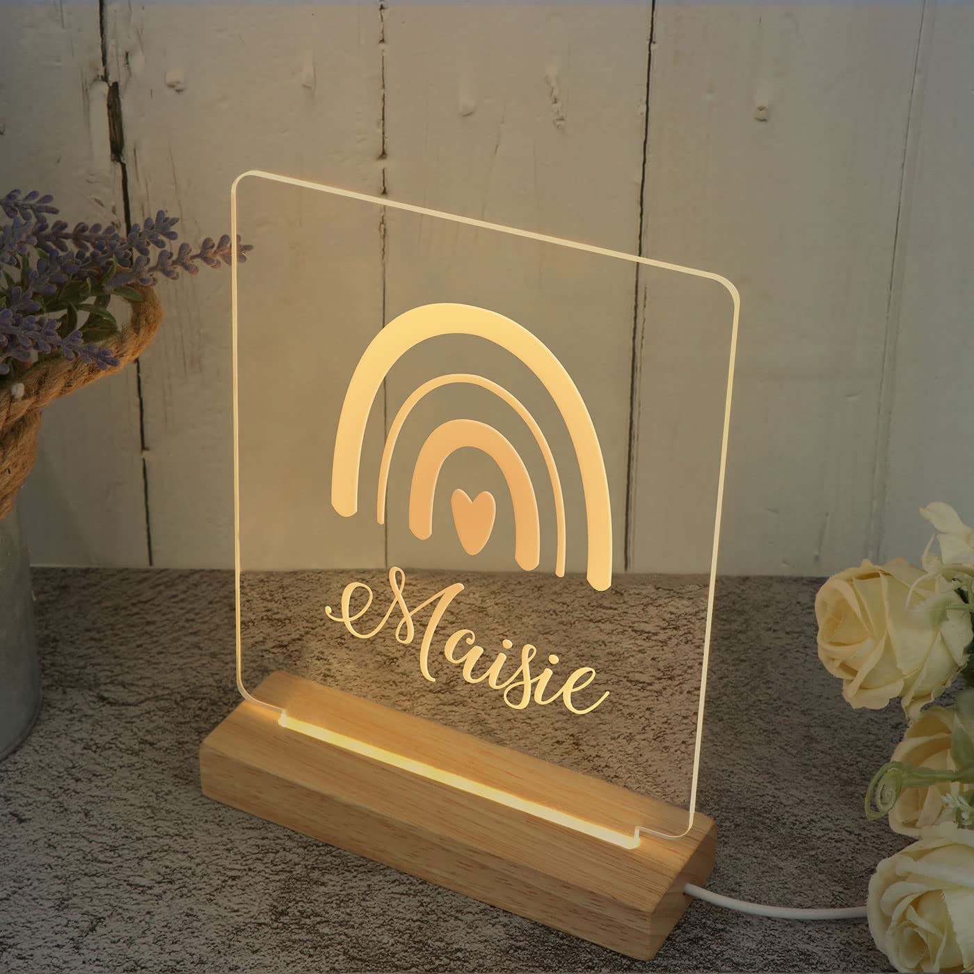 Personalized Wooden LED Night Light for Kids - Custom Name Nursery Lamp with USB Cable & Switch - Warm White Bedside Light for Baby & Toddler Rooms - Perfect for Bedtime, Nursery Decor & Safe Nighttime Illumination (Style 3)