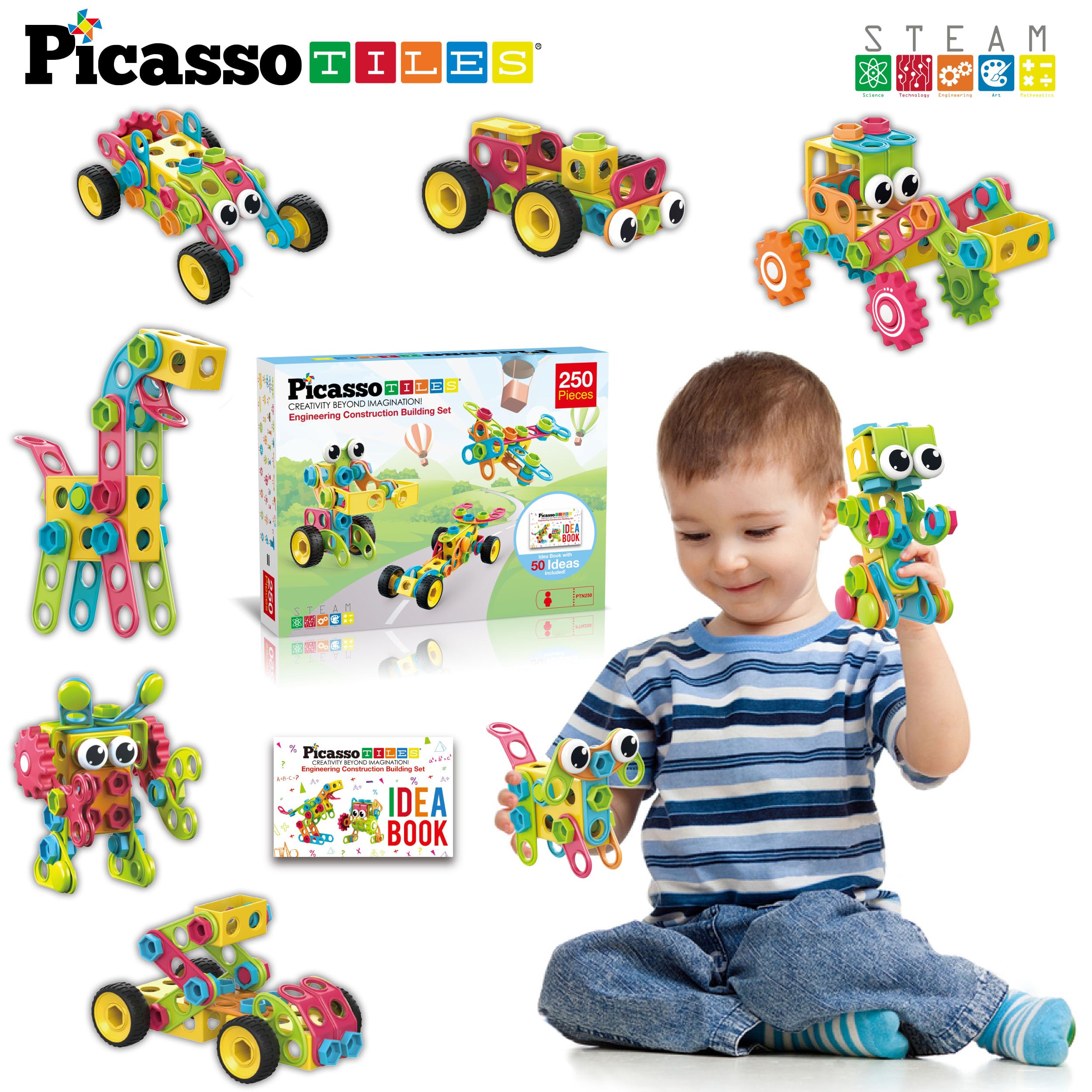 PicassoTiles 250 Piece STEM Building Blocks for Kids - Construction Engineering Learning Toys with Power Drill, Clickable Ratchet & Free Idea Book - Educational Playset for Ages 3+ (PTN250) | Perfect for Classroom STEM Activities, Birthday Gifts & Creative Playtime