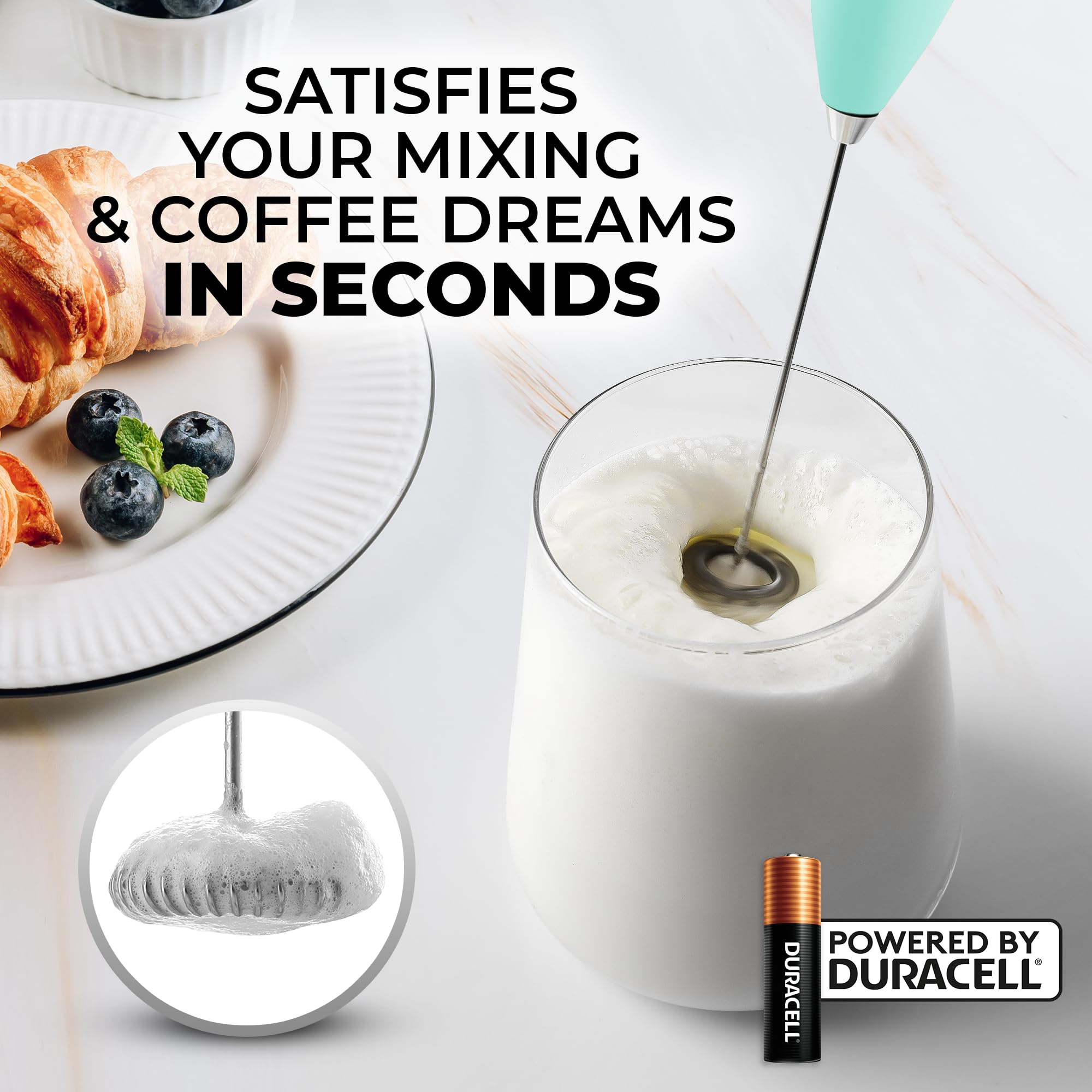 Zulay Kitchen Electric Milk Frother Wand - Handheld Battery-Powered Drink Mixer for Coffee, Frappe, Matcha - Includes 2 Duracell Batteries & Easy-Clean Design - Perfect for Lattes, Hot Chocolate, Protein Shakes at Home or Office