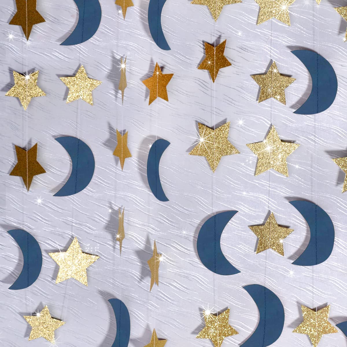 Moon and Star Garland Decorations - Navy Gold Glitter Outer Space Themed Party Decor for Weddings, Baby Showers & Birthdays | Perfect for Ceiling, Wall & Backdrop Decorations