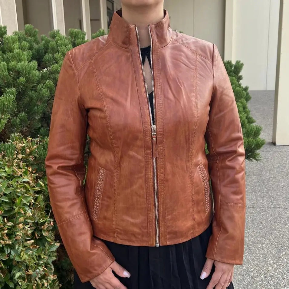 Classic Women's Lamb Leather Zip Jacket with Woven Pocket Design - Stylish Outerwear for Fall & Winter | Perfect for Casual Outings, Office Wear & Date Nights