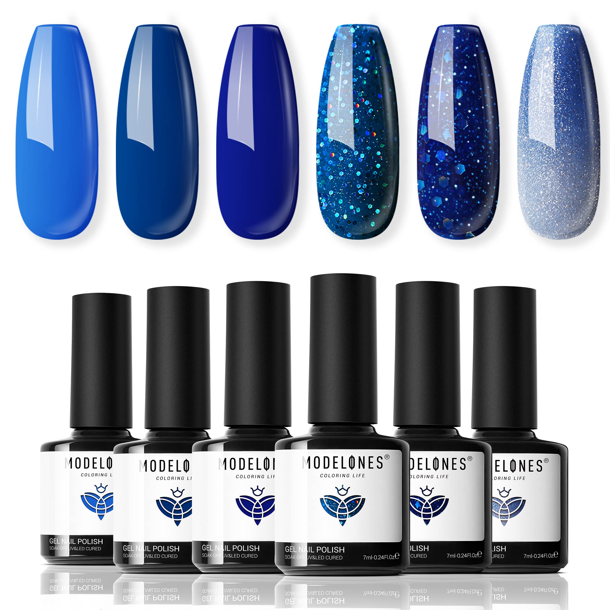 Modelones 6-Piece Blue Gel Nail Polish Set - Dark Blue, Glitter & Color Changing Soak Off Gel Polish Kit for LED/UV Lamp | DIY Manicure, Home Salon & Holiday Gifts for Women & Girls | Perfect for Parties, Weddings & Special Occasions