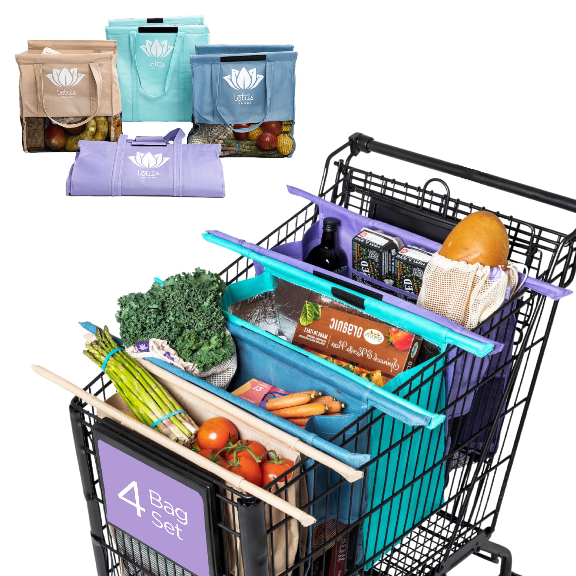 Lotus Reusable Shopping Cart Bags Set of 4 - Insulated Grocery Tote with Cooler Pockets & Egg/Wine Holder - Foldable Washable Grocery Organizer for Supermarket, Farmers Market & Bulk Shopping - Perfect for Grocery Hauling, Food Storage & Picnic Trips