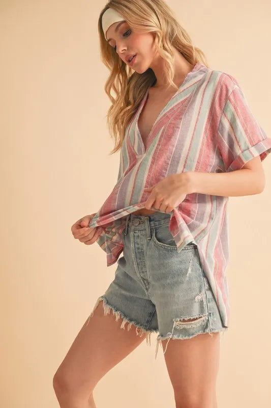 Trendy Pink Striped Short Sleeve Blouse with Side Slit - Perfect for Casual Outings, Office Wear & Summer Fashion