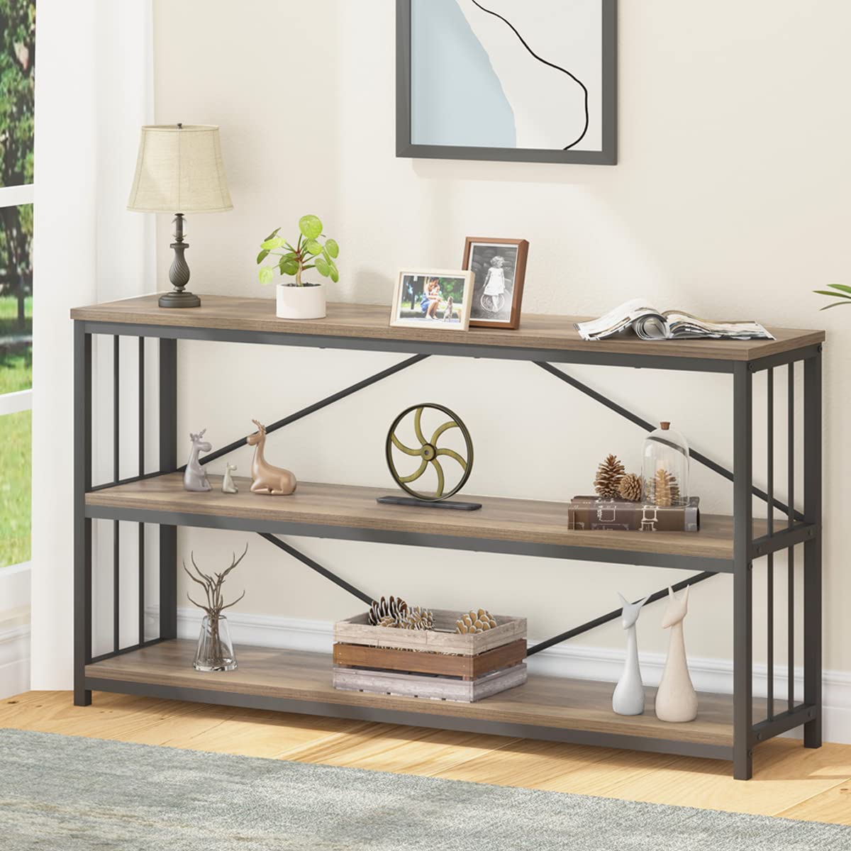 LVB Industrial Console Sofa Table - 55 Inch Rustic Oak Entryway Table with Modern 3-Tier Open Storage Shelf, Wood & Metal Hallway Sofa Table for Foyer, Living Room - Perfect for Home Decor, Organizing Essentials & Creating a Cozy Entryway Ambiance