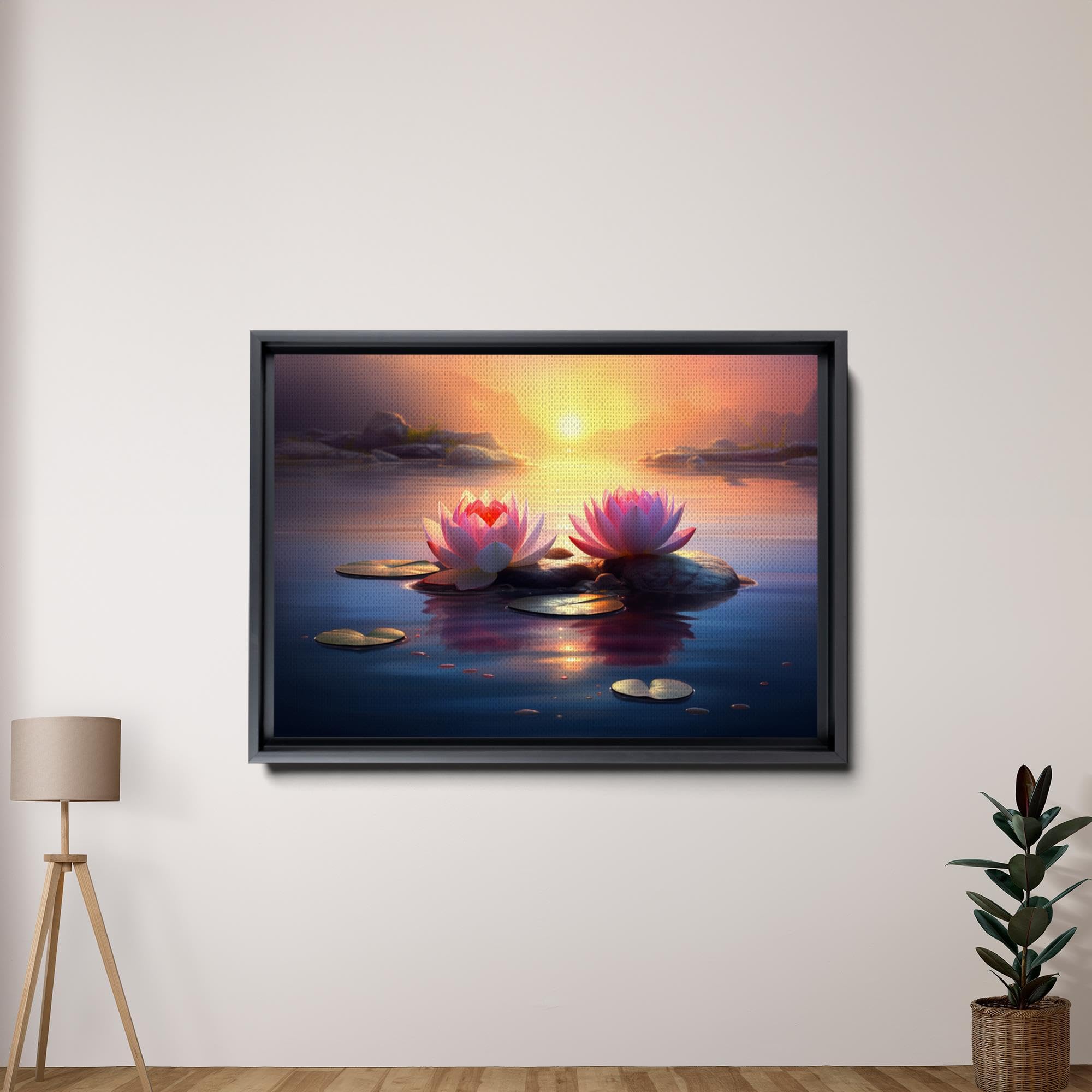 Zen Wall Art Canvas Print - Framed Zen Garden with Stone & Flower Design, Peaceful Water Sunset Meditation Decor for Yoga Studio, Home & Office - Perfect for Relaxation & Mindfulness Spaces