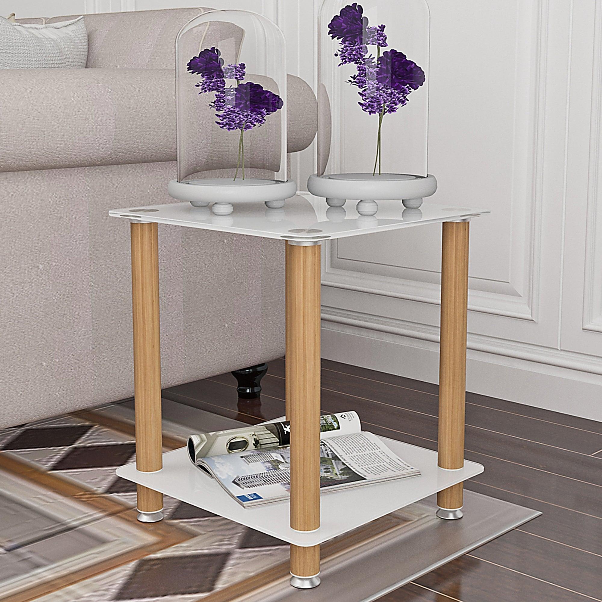 Modern White & Oak 2-Tier Side Table with Storage Shelf - Nightstand, End Table, Sofa Table for Living Room, Bedroom, Office - Space-Saving Design