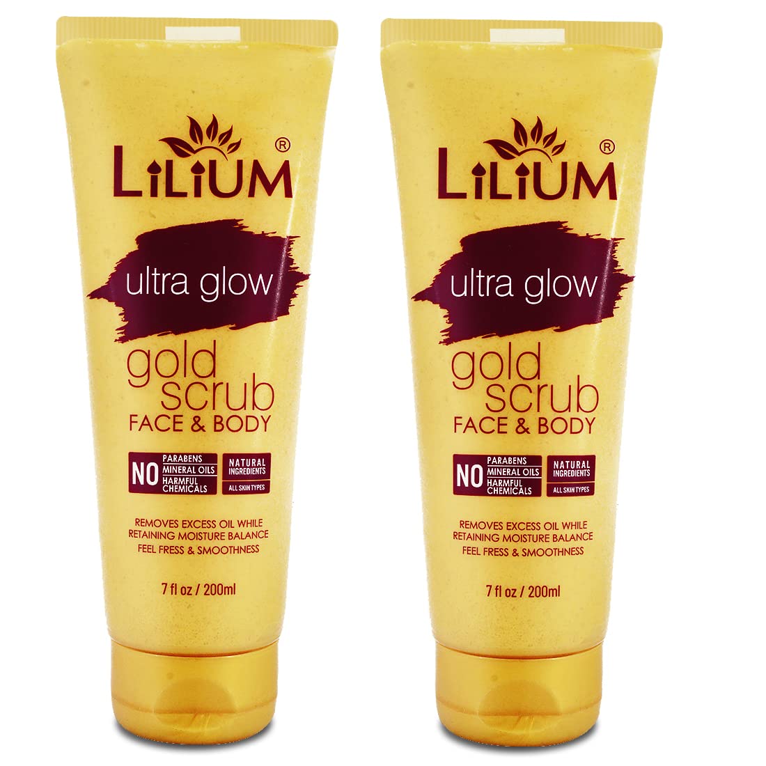 Lilium Gold Face & Body Scrub 200ml - Natural Exfoliator for Glowing Skin, Fresh & Smooth Feel, Paraben-Free & Chemical-Free - Pack of 2 - Perfect for Daily Skincare Routine & Spa Treatments