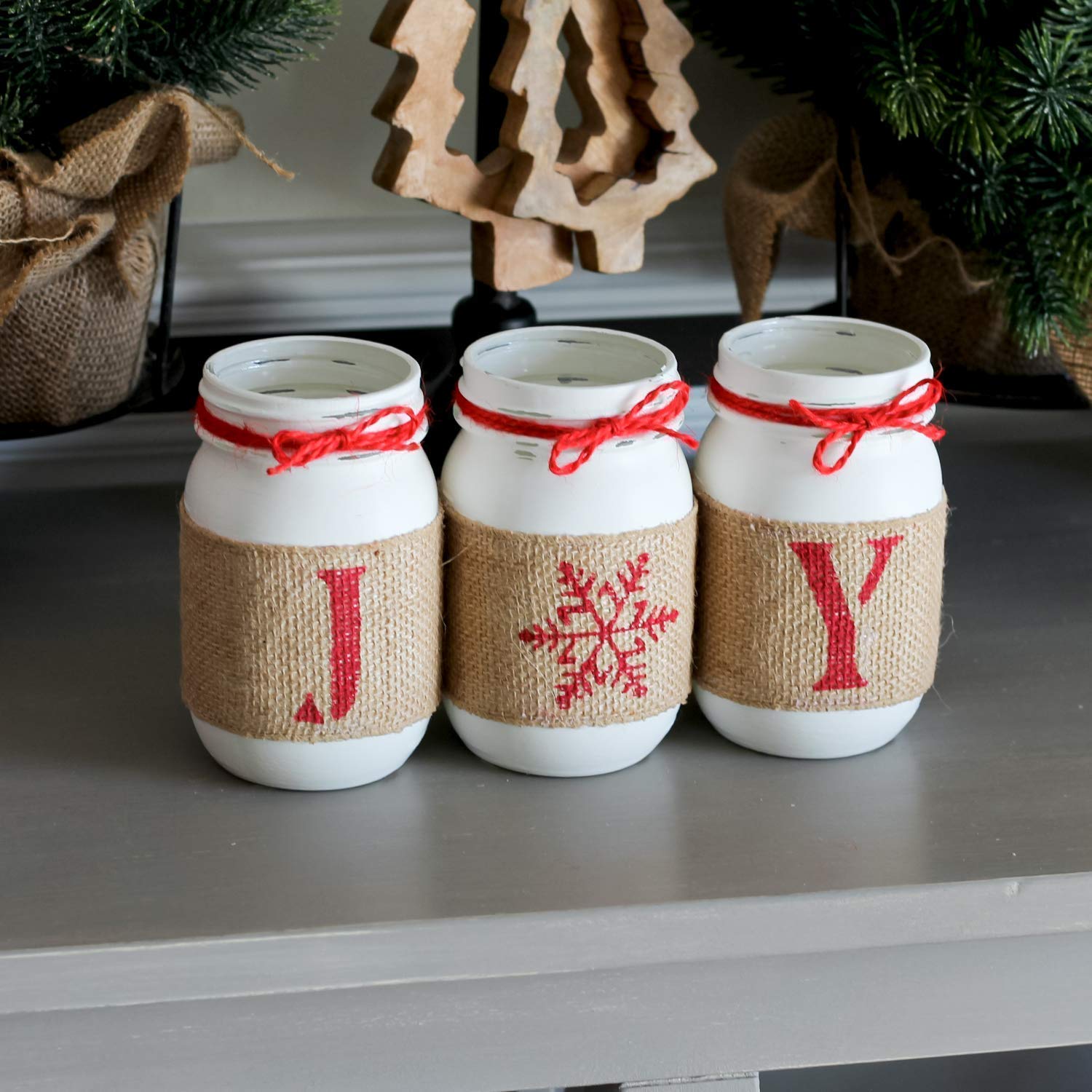 Christmas Table Centerpiece Decor - Red & White Painted Mason Jars with JOY Sign | Holiday Home Decoration Gift for Mom | Perfect for Dining Table, Mantel, or Festive Party Decor