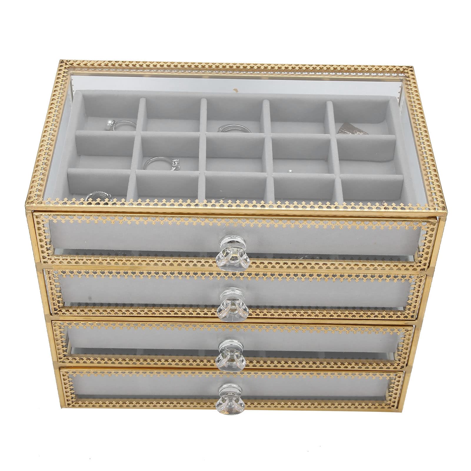 EXCLUZO 60 Grids Clear Glass Nail Art Organizer Box with 4 Drawers - Nail Polish & Jewelry Storage for Salon, Home, and Mall Counter Display