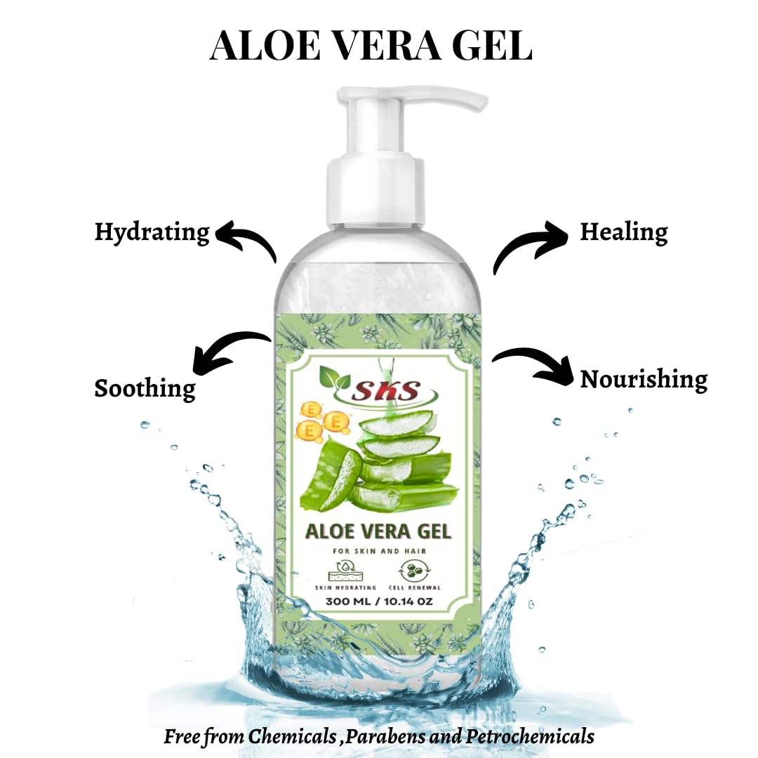 Pure Aloe Vera Gel with Vitamin E for Face & Hair – Hydrating, Moisturizing & Soothing Skin Care – 300ml – Perfect for Sunburn Relief, Daily Hydration & Hair Conditioning