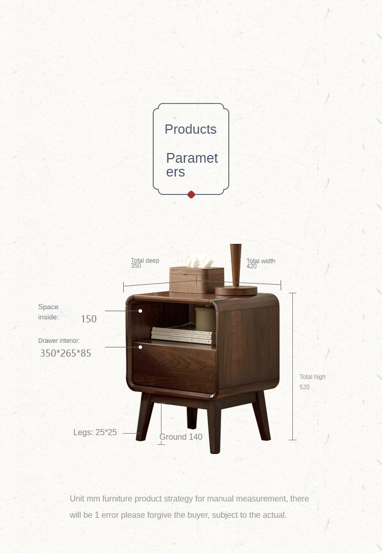 Premium Black Walnut & Ash Solid Wood Modern Nightstand - Stylish Bedside Table for Bedroom, Living Room, or Office