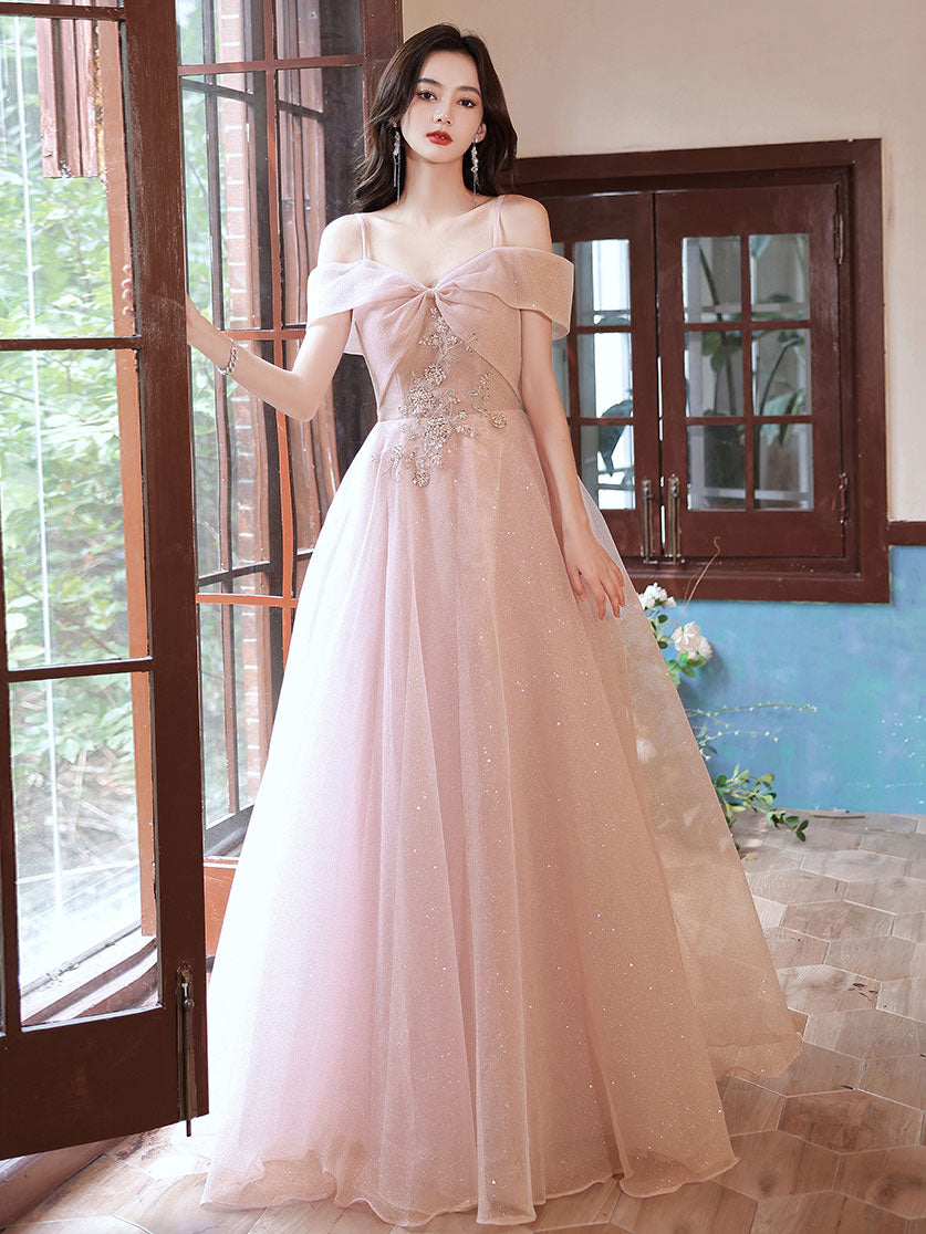 Elegant Pink Tulle Off-Shoulder Lace Long Prom Dress - Romantic Evening Gown for Homecoming, Wedding, Ball & Special Occasions
