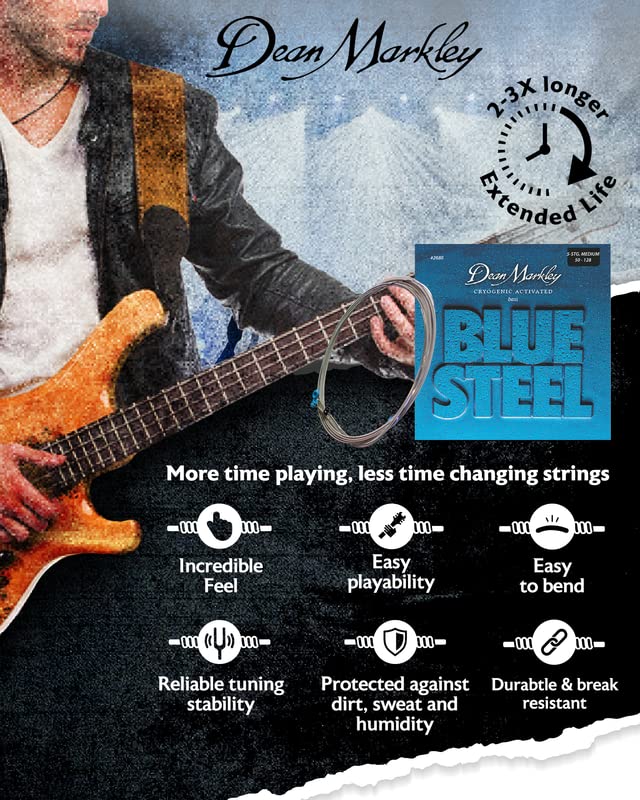 Dean Markley 2680 Blue Steel Electric Bass Guitar Strings - Medium Gauge (50-128) for Long Scale Bass - Cryogenically Treated for Extended Durability - Perfect for Rock, Jazz & Studio Recording Sessions