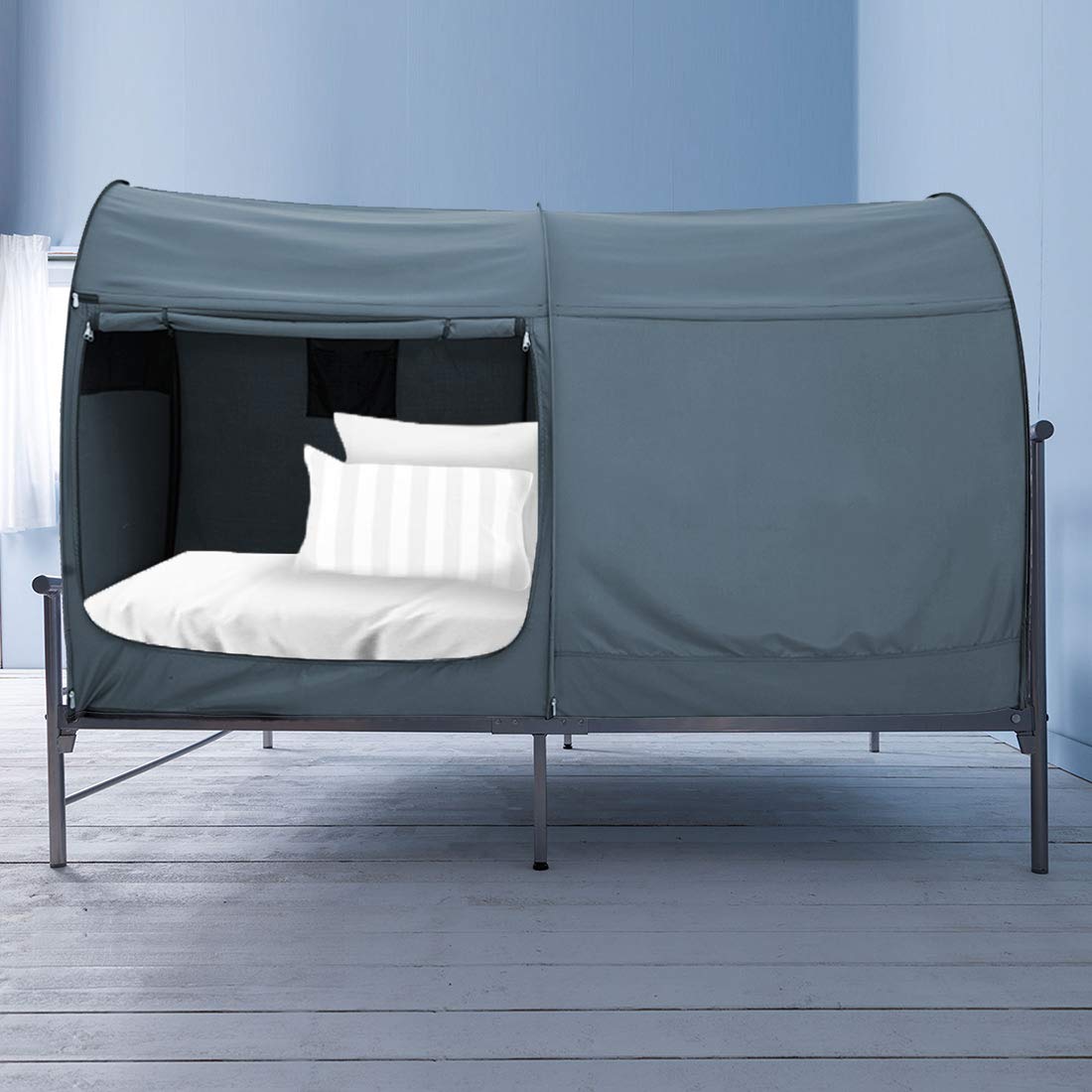 Alvantor Bed Canopy Tent - Twin Size Privacy Sleeping Tent with Breathable Grey Fabric, Portable Pop Up Frame for Indoor Use - Perfect for Kids Rooms, Dorm Rooms & Cozy Cottage Retreats (Mattress Not Included) - Light Reducing Design for Better Sleep