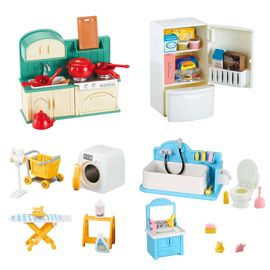 TAKIHON Dollhouse Furniture Set - Mini Kitchen & Bathroom Toys with Fridge & Washing Machine | Educational Pretend Play Accessories for Kids, Toddlers, Boys & Girls | Perfect for Role Play, Early Learning & Creative Fun