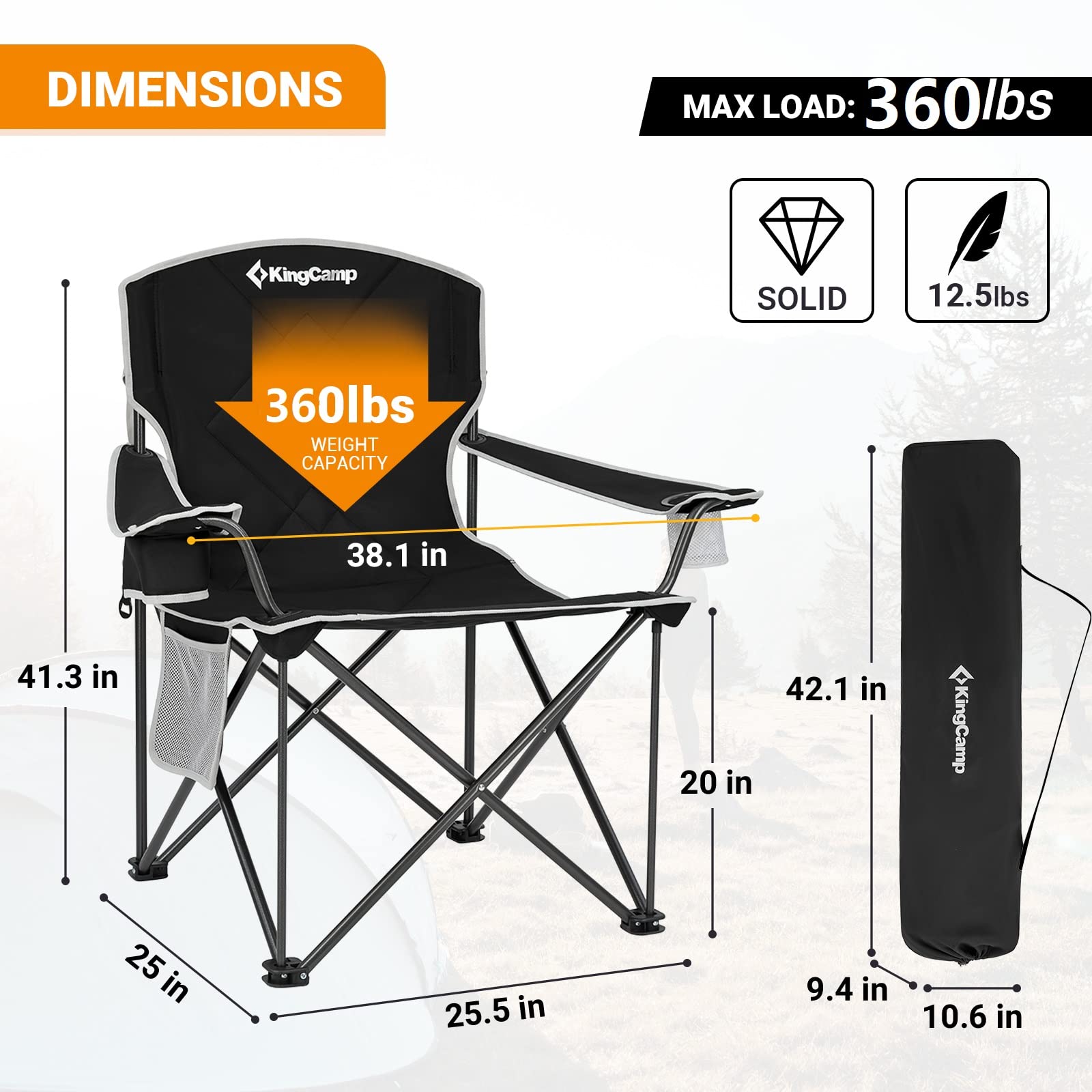 KingCamp Oversized Camping Chair - Heavy Duty Folding Chair for Adults, Extra Large Portable Padded Outdoor Chair XL Supports 330lbs - Perfect for Fishing, Sports, Picnics, Beach, Backyard, and Camping Adventures