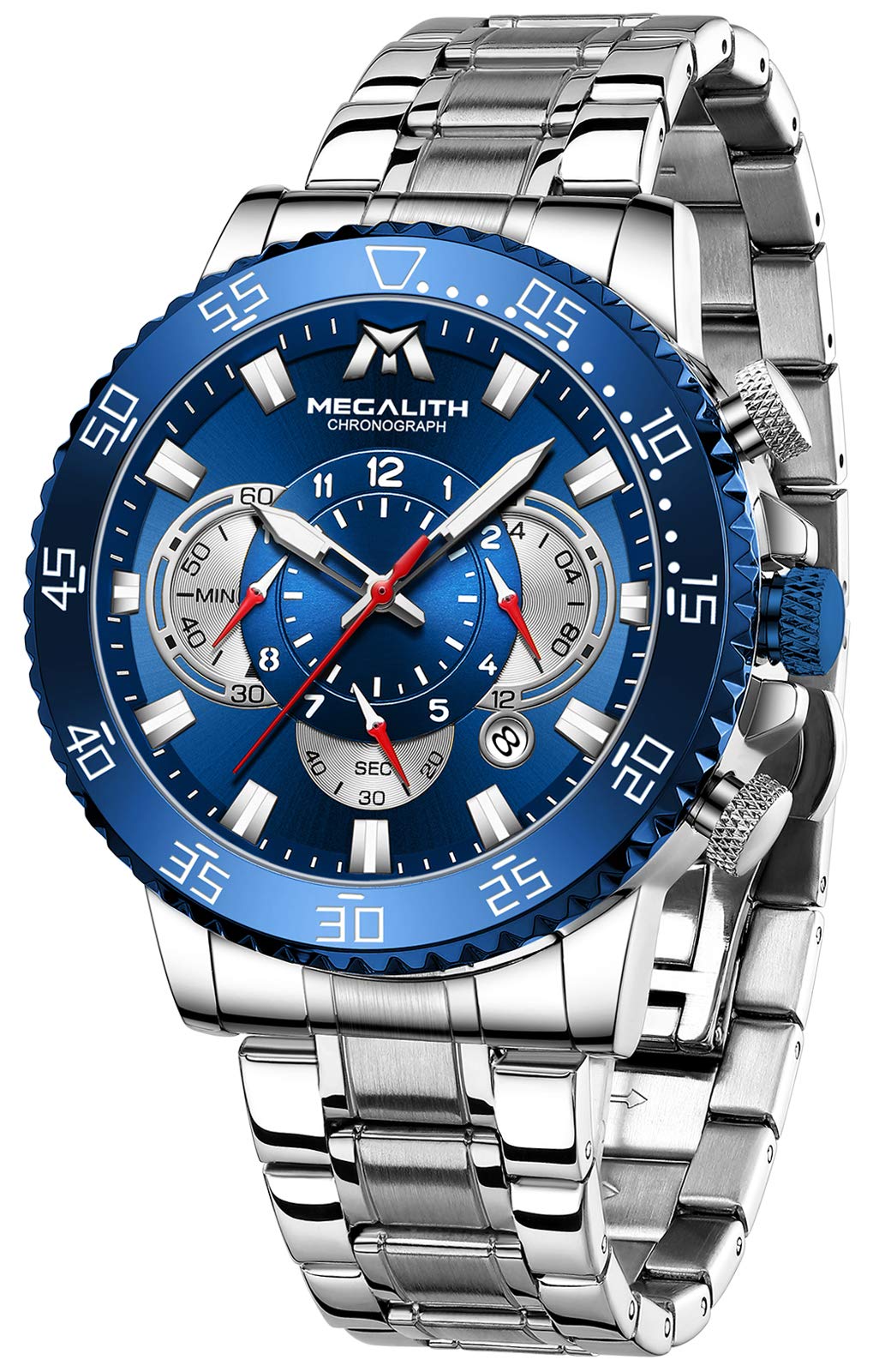 MEGALITH Men's Chronograph Watch - 45mm Stainless Steel Waterproof Analog Wristwatch with Luminous Hands & Calendar - Perfect for Business, Casual Wear & Outdoor Activities - Ideal Gift for Men